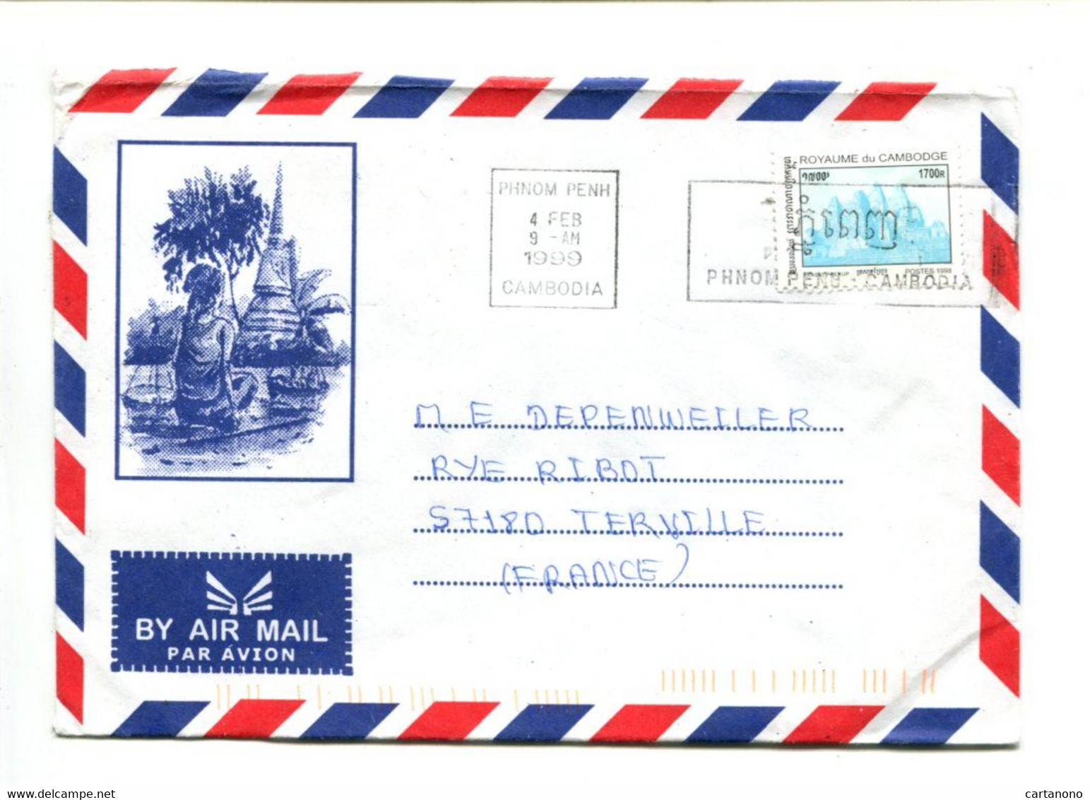 CAMBODGE 1999 - Affr. Sur Enveloppe Illustrée Pour La France - Cambodge