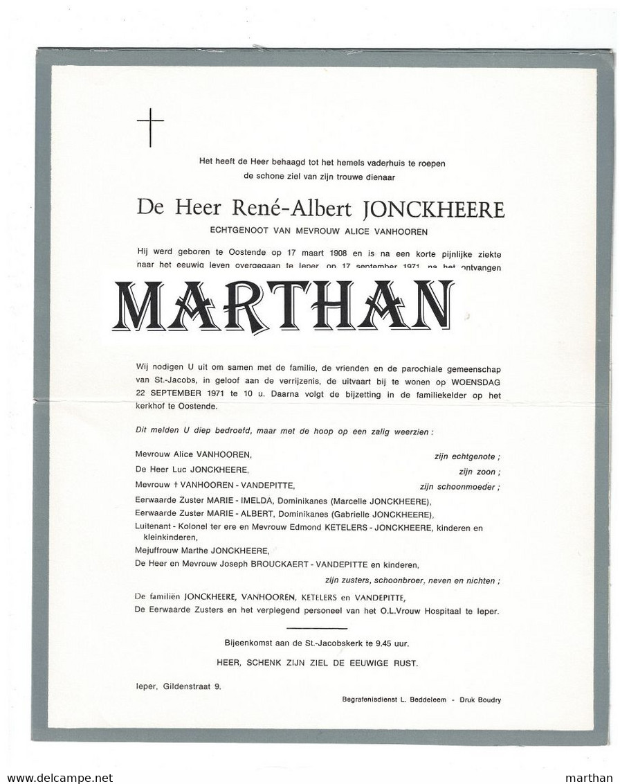 DOODSBRIEF JONCKHEERE RENE OOSTENDE 1908 - IEPER 1971 ECHTGENOOT VANHOOREN - Obituary Notices