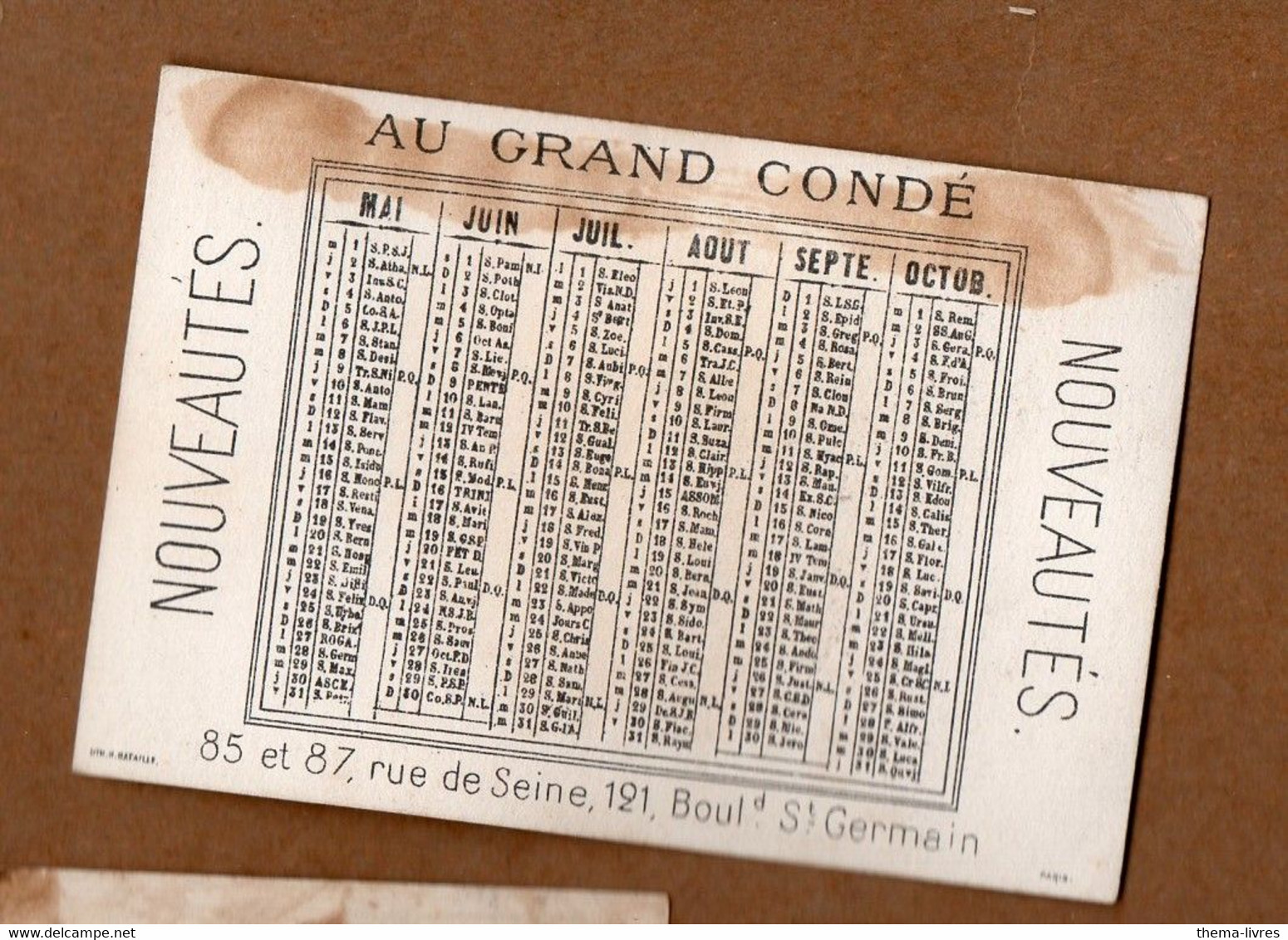 Paris Bd St Germain,  Calendrier-chromo Mai à Octobre AU GRAND CONDE  (PPP33961) - Formato Piccolo : ...-1900