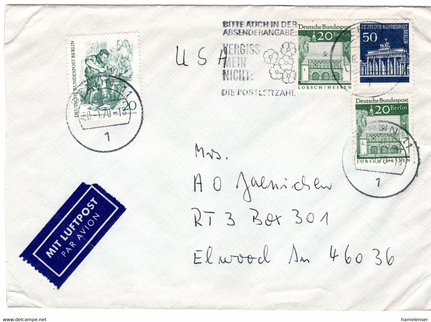 55920 - Berlin - 1970 - 50Pfg. Brandenburger Tor MiF A. LpBf. BERLIN -> Elwood, IN (USA) - Covers & Documents