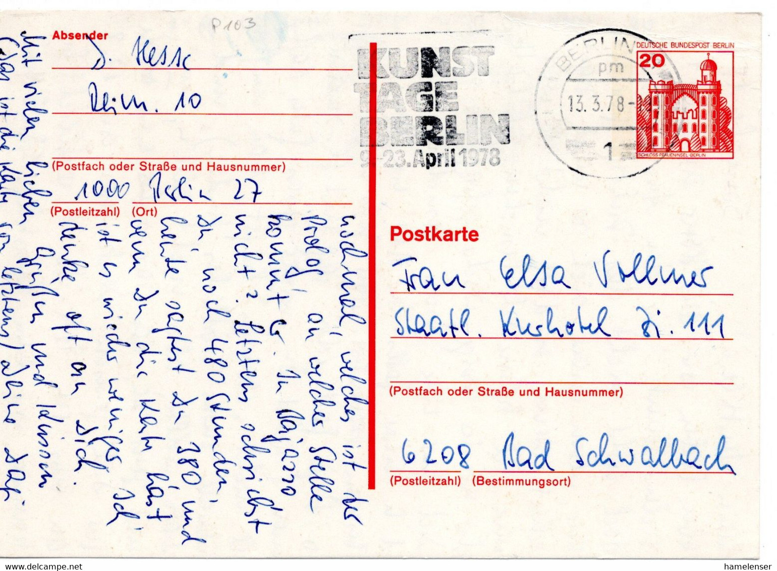 55922 - Berlin - 1978 - 20Pfg. B&S GAKte. BERLIN - KUNSTTAGE ... -> Bad Schwalbach, O. Nachporto! - Altri & Non Classificati