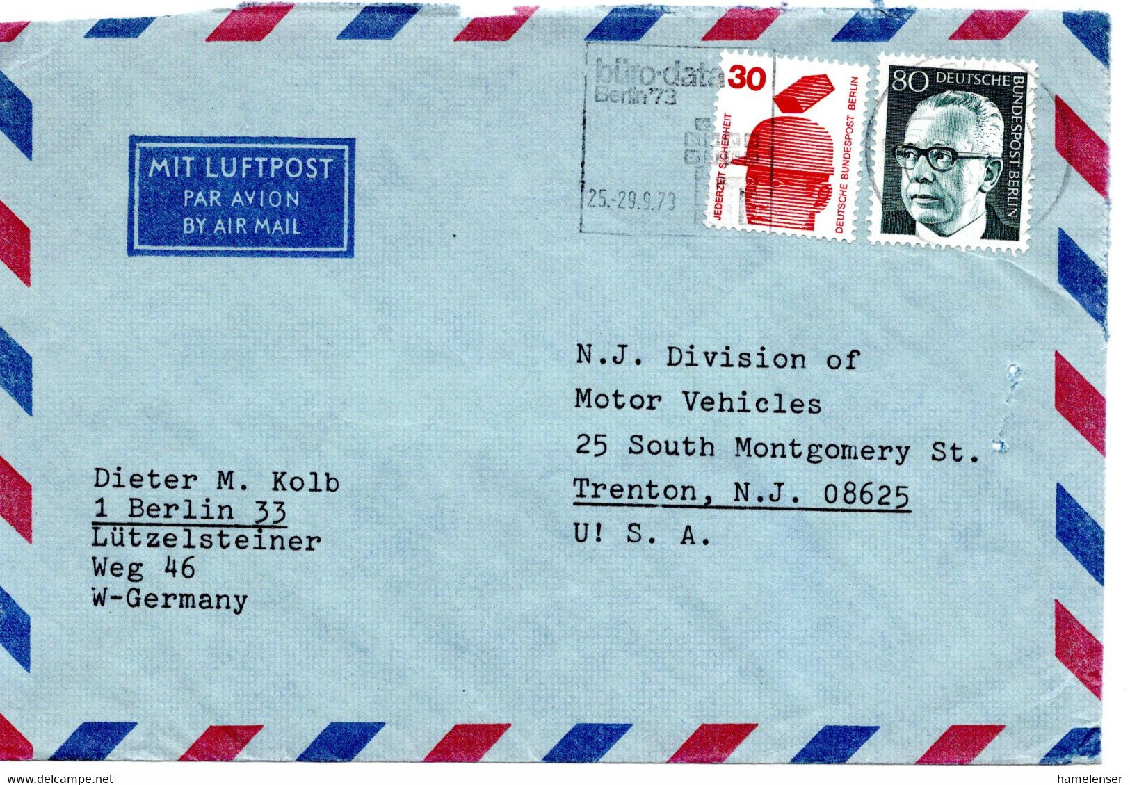 55925 - Berlin - 1973 - 80Pfg. Heinemann MiF A. LpBf. BERLIN -> Trenton, NJ (USA) - Cartas & Documentos