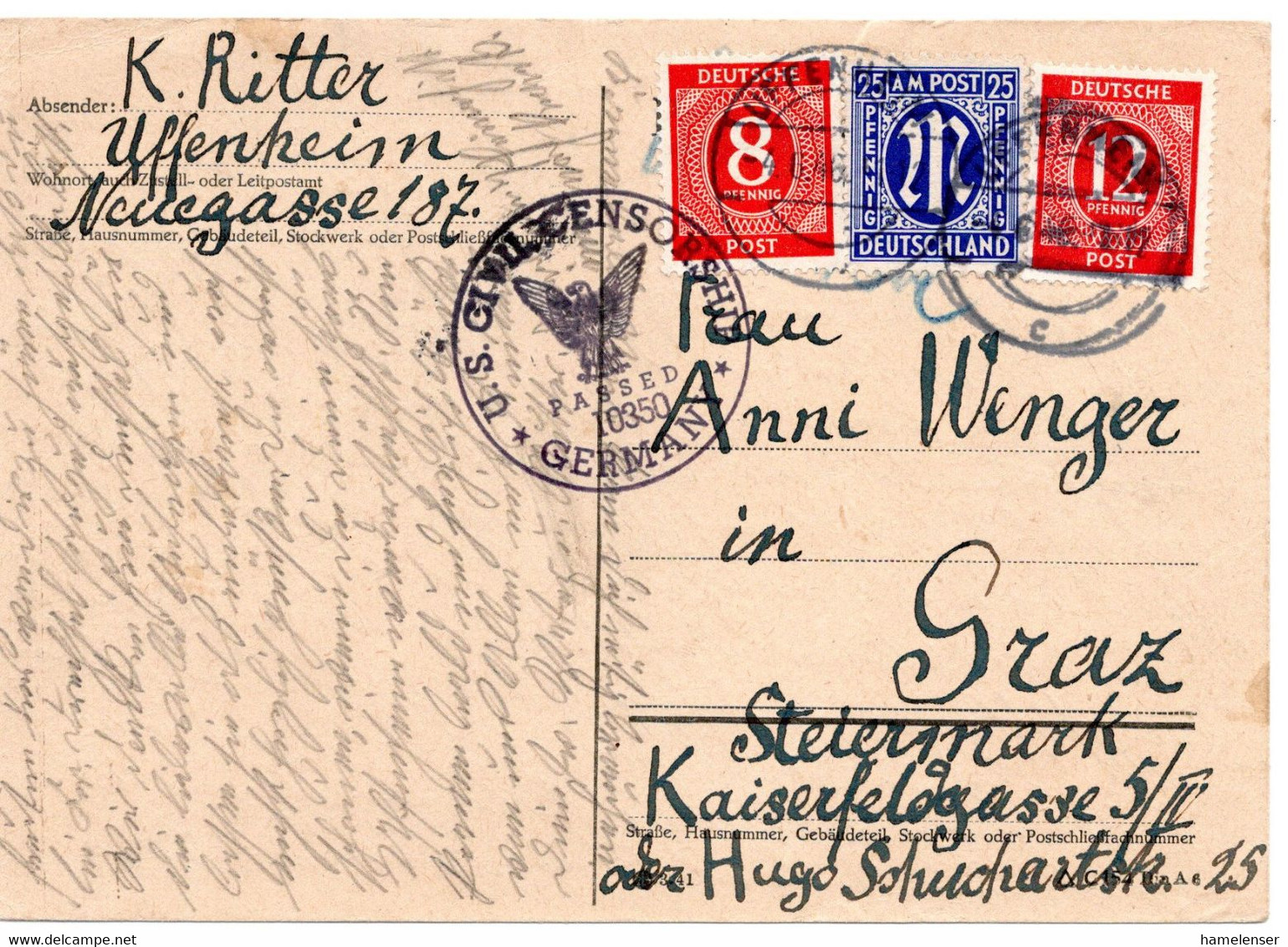 55928 - Alliierte Besetzung - 1946 - 12Pfg. Rot MiF A. Kte. M. US-Zensur UFFENHEIM -> Oesterreich - Andere & Zonder Classificatie