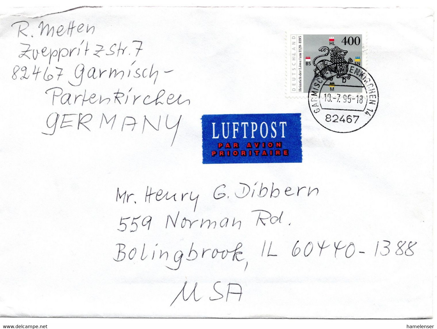 55935 - Bund - 1995 - 400Pfg. Heinrich Der Loewe EF A. LpBf. GARMISCH-PARTENKIRCHEN -> Bolingbrook, IL (USA) - Lettres & Documents