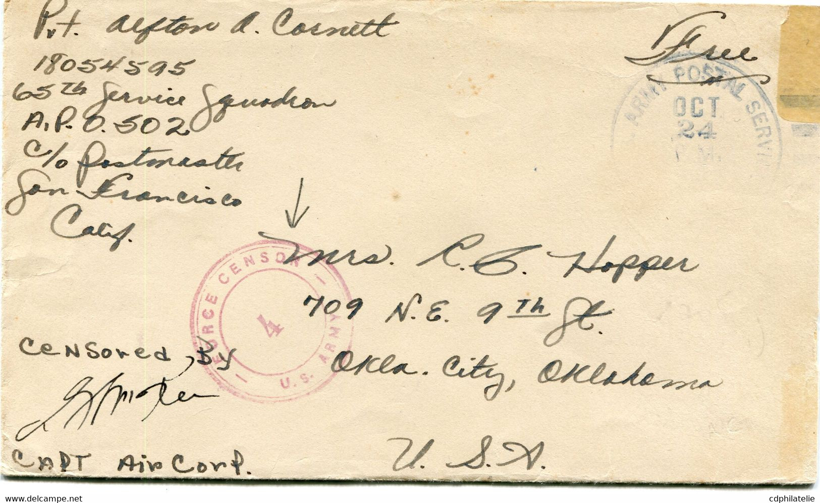 NOUVELLE-CALEDONIE / ETATS-UNIS LETTRE CENSUREE DEPART ARMY POSTAL SERVICE OCT 24 194? (A.P.O. 502) POUR LES ETATS-UNIS - Covers & Documents