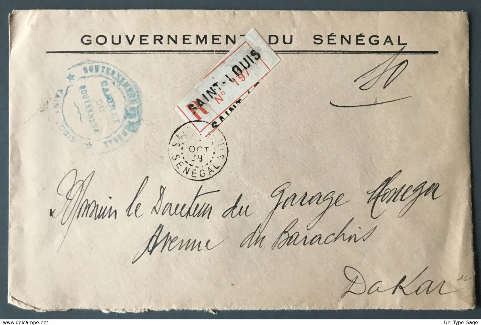 Sénégal Enveloppe GOUVERNEMENT DU SENEGAL (+ Cachet Bleu) De SAINT-LOUIS 1938 Pour Dakar - (A1061) - Covers & Documents