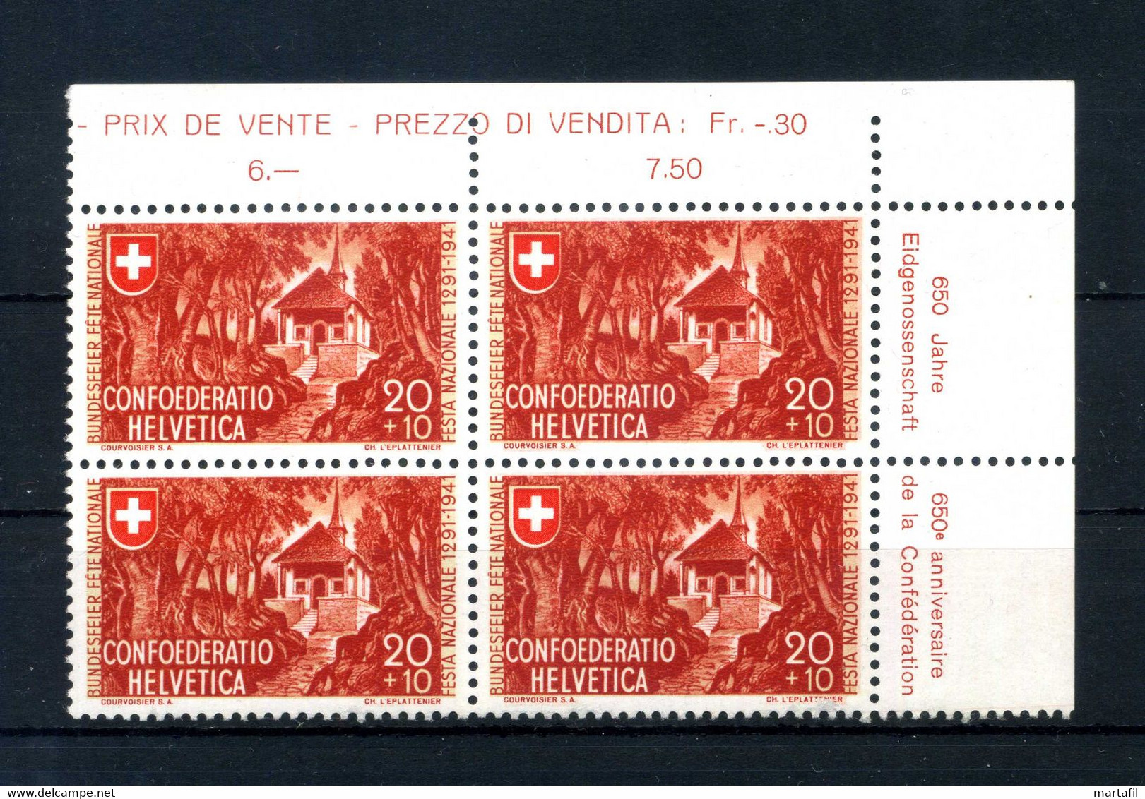 1941 SVIZZERA N.369 MNH ** Pro Patria Capp. G. Tell QUARTINA - Ungebraucht