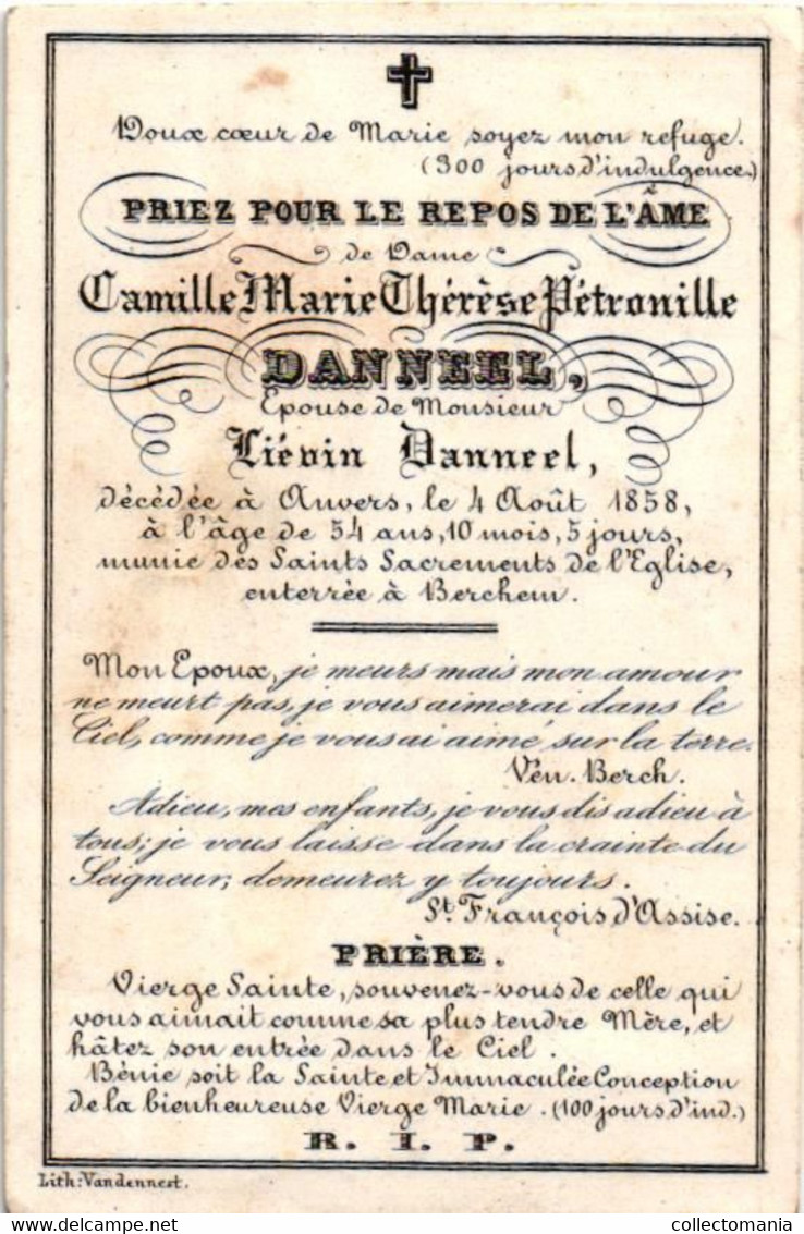 1 GRAVURE Camille Marie Thérèse Pétronille Danneel Décédée 1858  Eglise De Berchem   Printer Vandennest - Overlijden