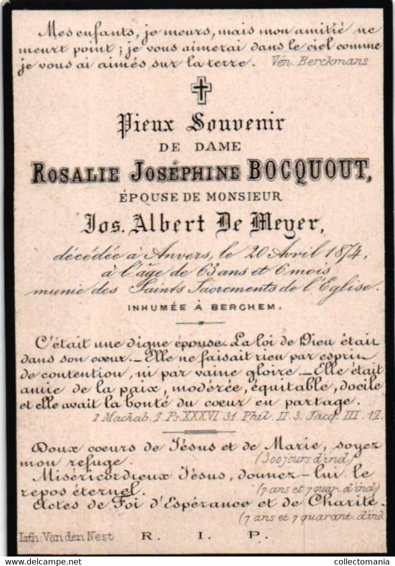1 GRAVURE Rosalie Joséphine Bocquout Epouse De Jos De Meyer Décédée 1874  Eglise De Berchem  Printer Vandennest - Obituary Notices