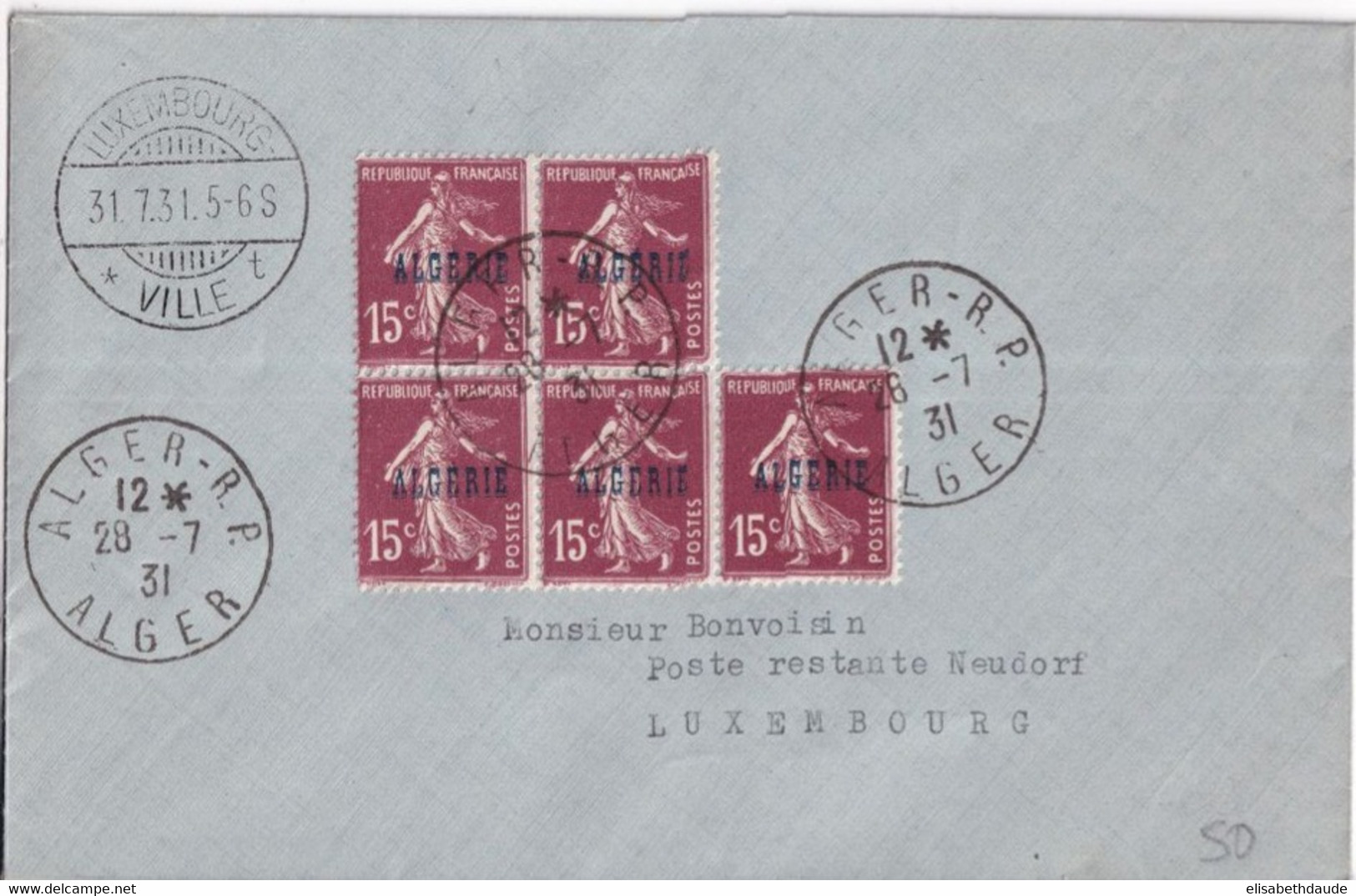 ALGERIE - 1931 - SEMEUSE SURCHARGEE ! - ENVELOPPE De ALGER => LUXEMBOURG ! POSTE RESTANTE - Lettres & Documents