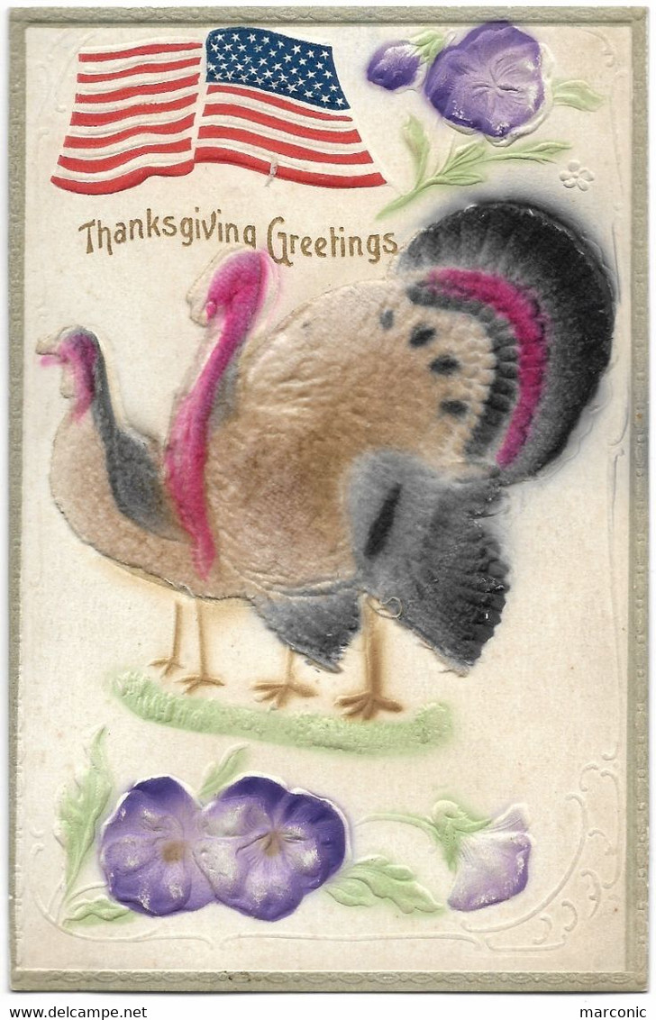 Cpa Gaufrée Embossed, THANKS GIVINA GREETINGS, Dinde Turkey Drapeau Fleurs - Thanksgiving