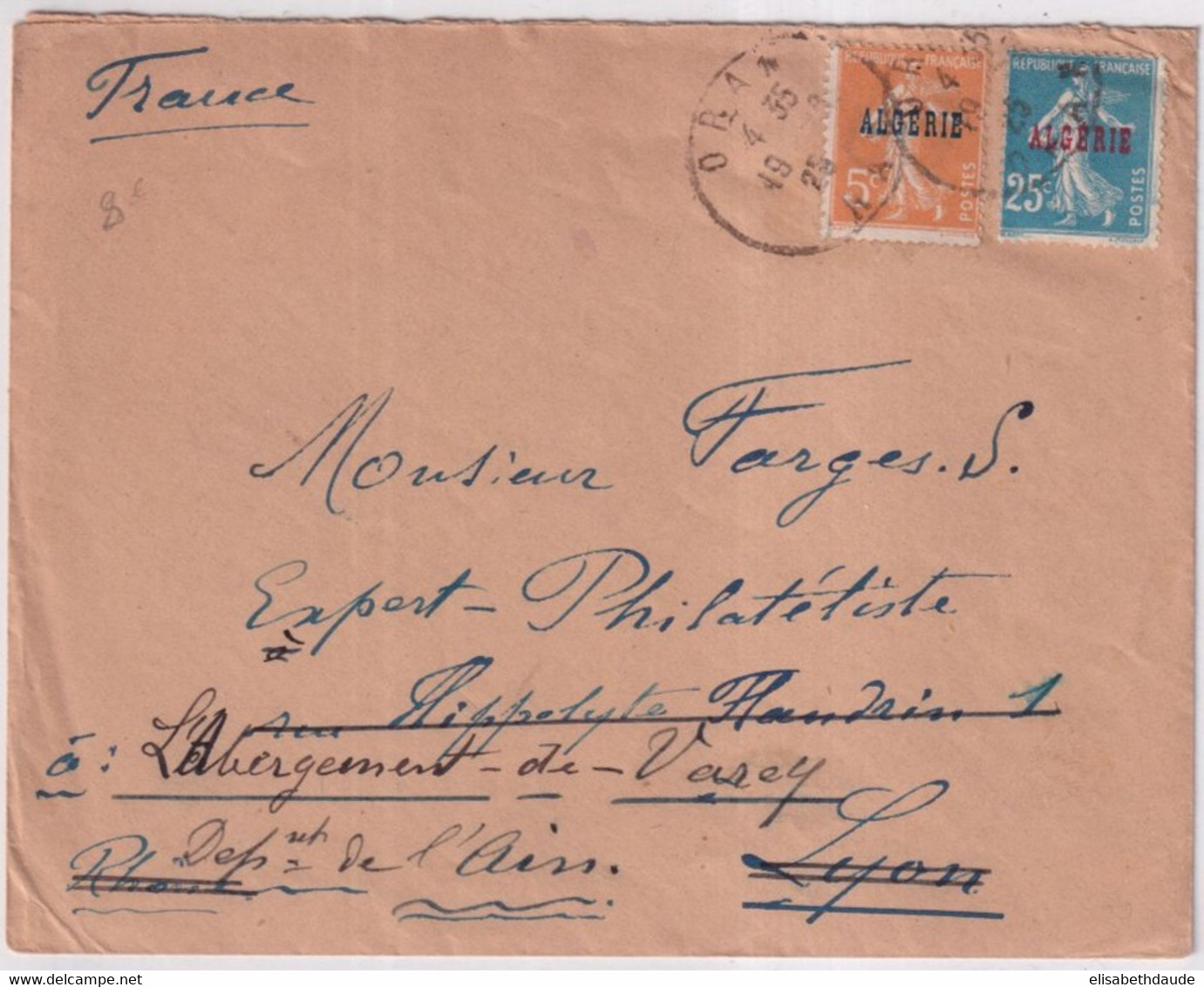 ALGERIE - 1929 - SEMEUSE SURCHARGEE ! - ENVELOPPE De ORAN => LYON => LABERGEMENT DE VAREY - Lettres & Documents