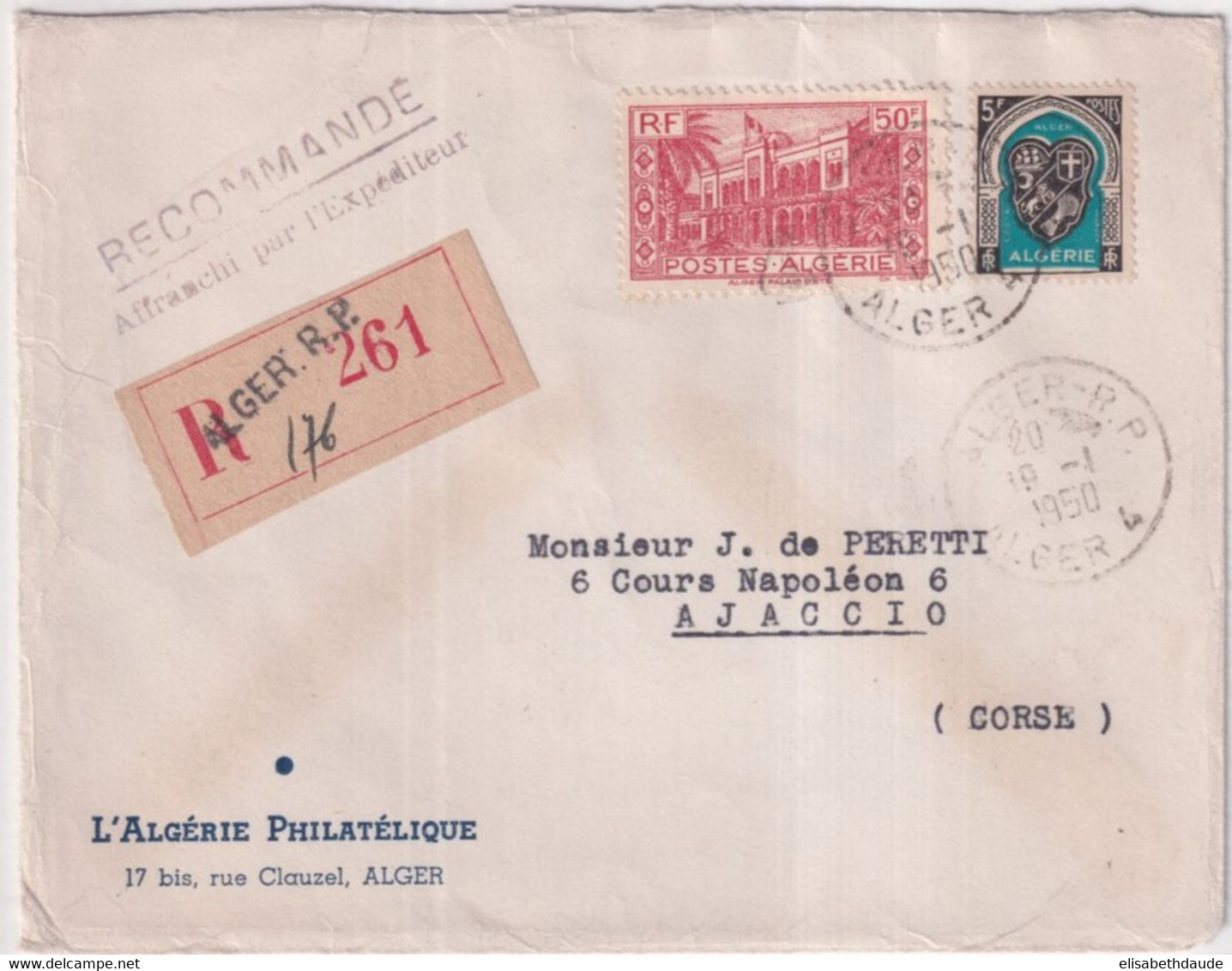 ALGERIE - 1950 - ENVELOPPE RECOMMANDEE De ALGER 4 ! CACHET RARE GUICHET Des RECOMMANDES => AJACCIO (CORSE) - Storia Postale