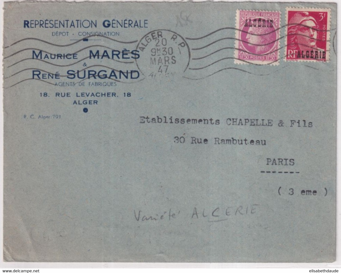 ALGERIE - 1947 - VARIETE SURCHARGE "ALCERIE" Sur MAZELIN ! + GANDON Sur ENVELOPPE De ALGER => PARIS - Lettres & Documents