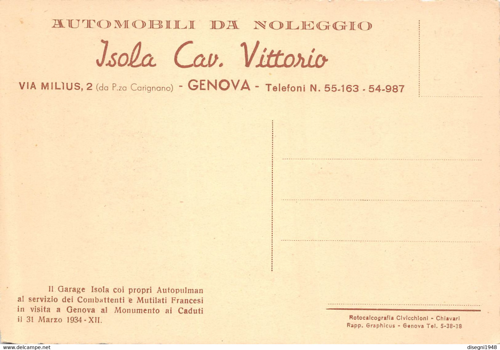 011022 "AUTOMOBILI DA NOLEGGIO - ISOLA CAV. VITTORIO - GENOVA - 31 MARZO 1934 - XII" ANIMATA - CART. ORIG. NON SPED. - Autres & Non Classés