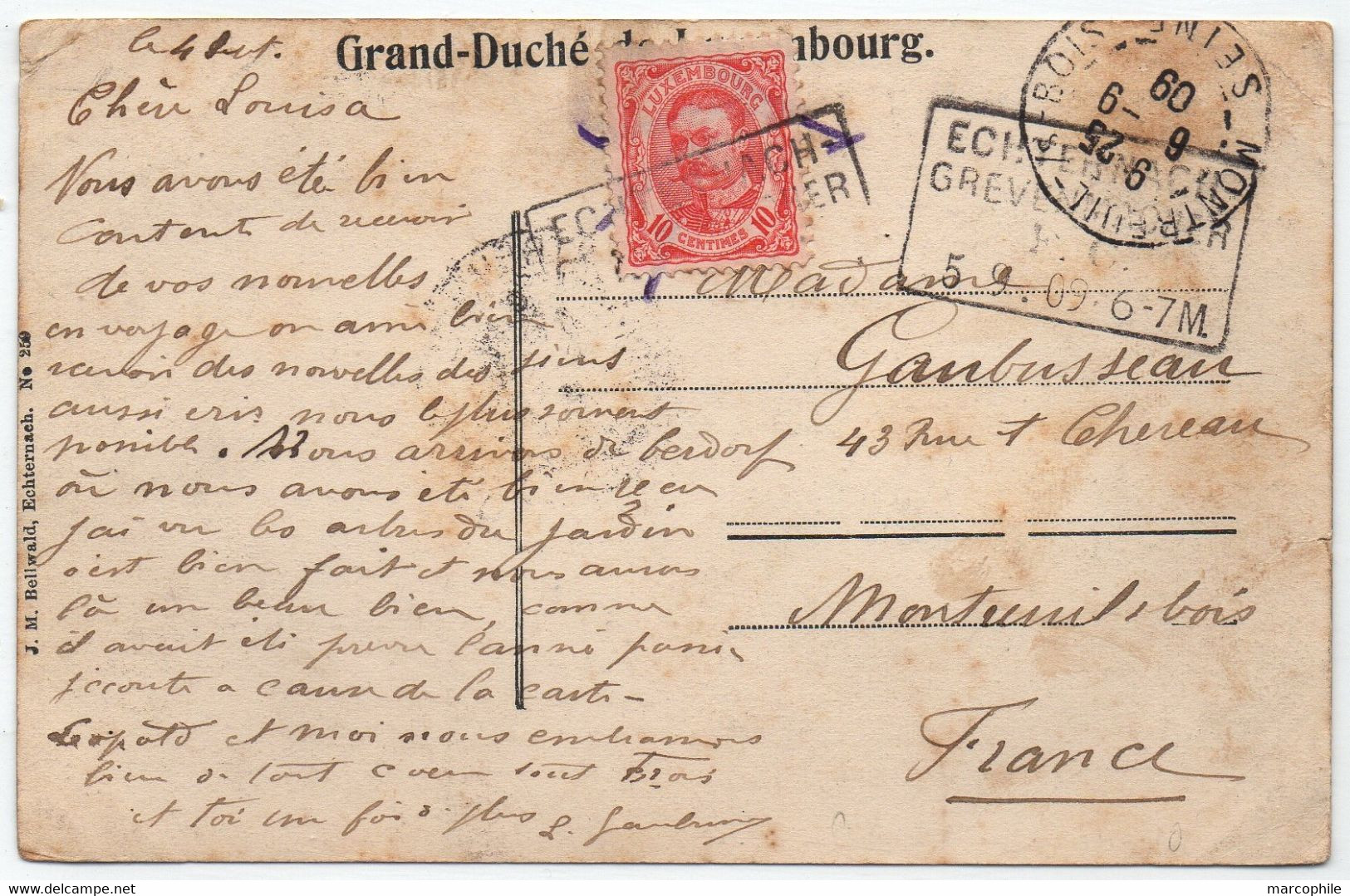 LUXEMBOURG / 1909 AMBULANT ECHTERNACH - GREVENMACHER SUR CARTE POSTALE ==> FRANCE / BAHNPOST (ref 8750a) - 1906 William IV