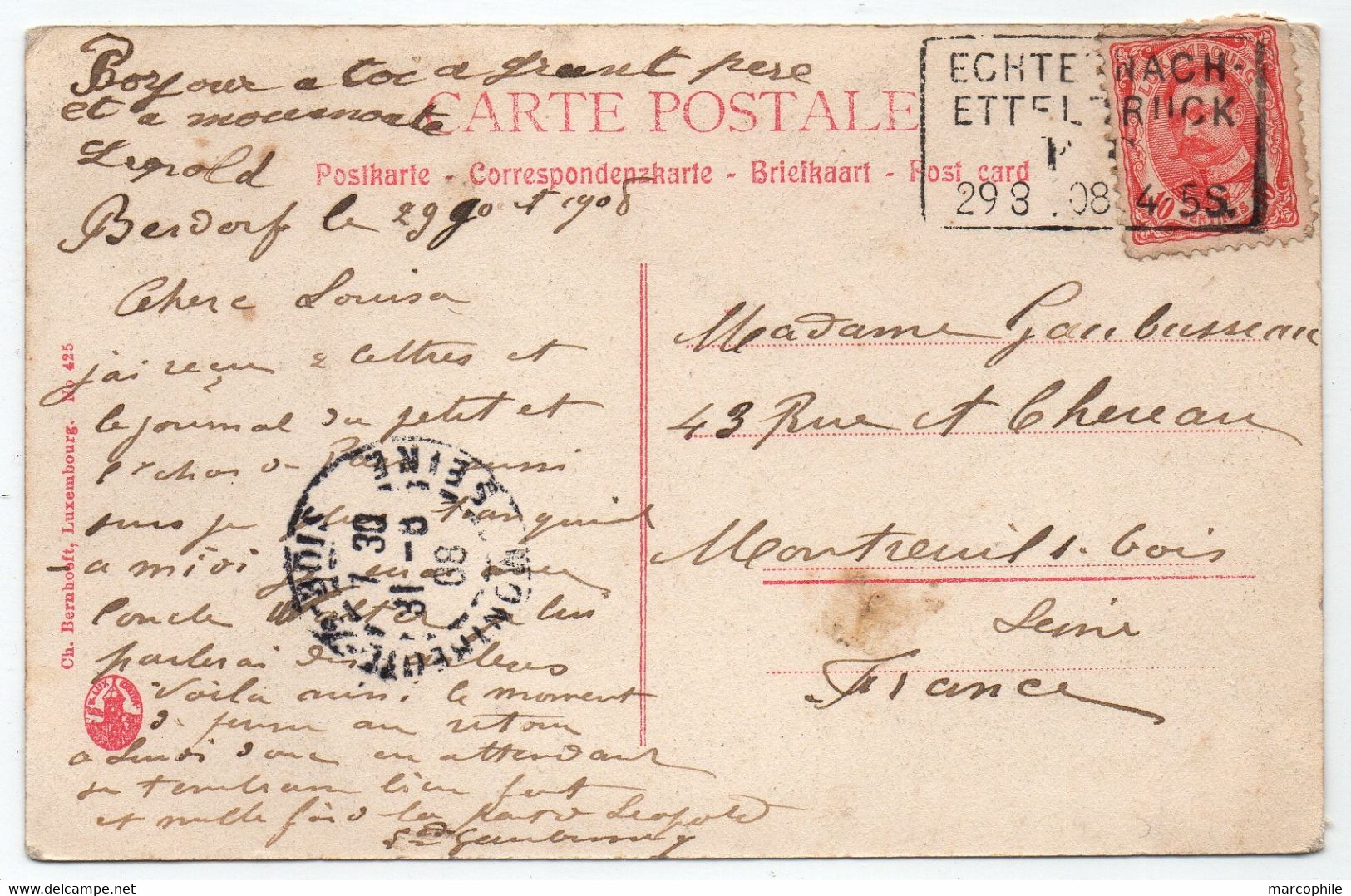 LUXEMBOURG / 1909 AMBULANT ECHTERNACH - ETTELBRUCK  SUR CARTE POSTALE ==> FRANCE / BAHNPOST (ref 8750c) - 1906 Wilhelm IV.