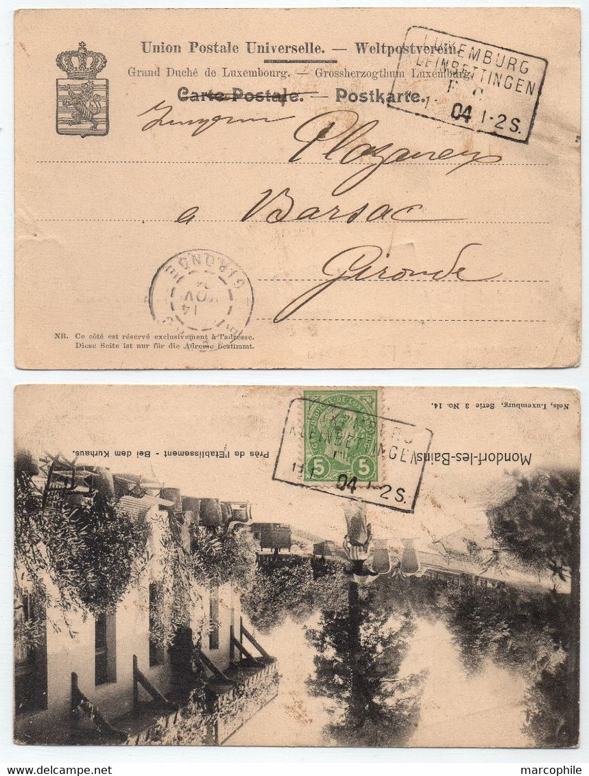 LUXEMBOURG / 1904 AMBULANT LUXEMBURG - KLEINBETTINGEN  SUR CARTE POSTALE ==> FRANCE / BAHNPOST (ref 8750e) - 1895 Adolphe Rechterzijde