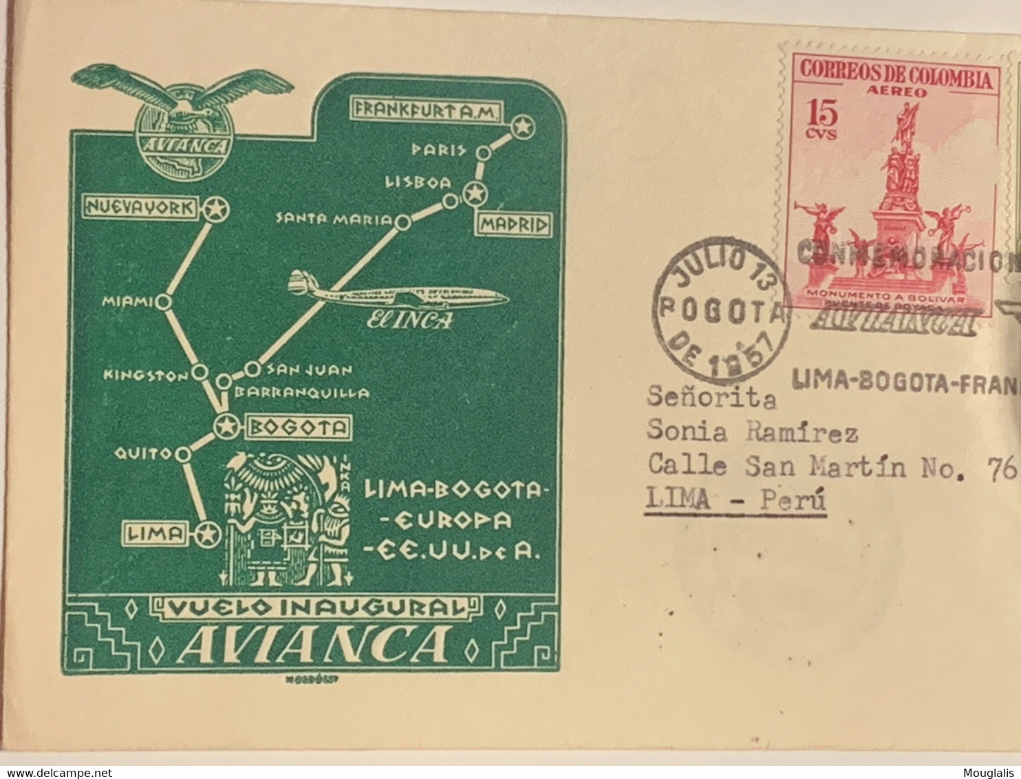 Enveloppe Premier Vol  AVIANCA Lima-Bogota-Frankfurt- New York 13 Juillet 1957 Poste Aérienne Premier Vol Pour Lima - Mundo