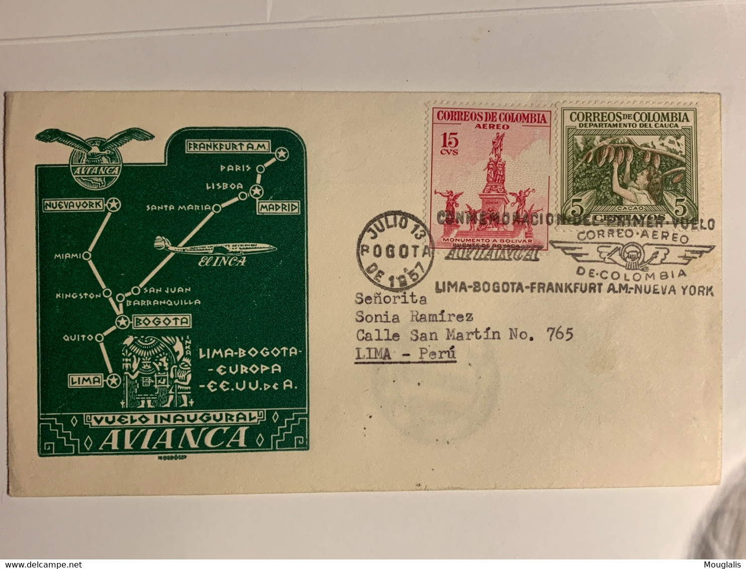 Enveloppe Premier Vol  AVIANCA Lima-Bogota-Frankfurt- New York 13 Juillet 1957 Poste Aérienne Premier Vol Pour Lima - Mondo