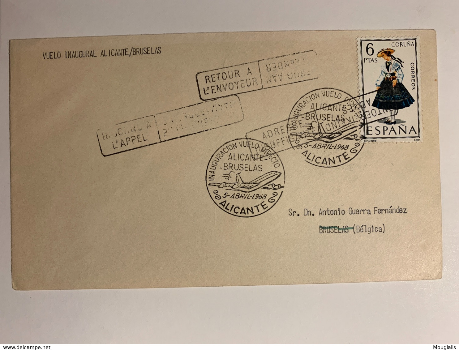 Premier Vol Alicante Bruxelles Marcophilie Retour à L’envoyeur 5 Avril 1968 Timbres Espagnol - Cartas & Documentos