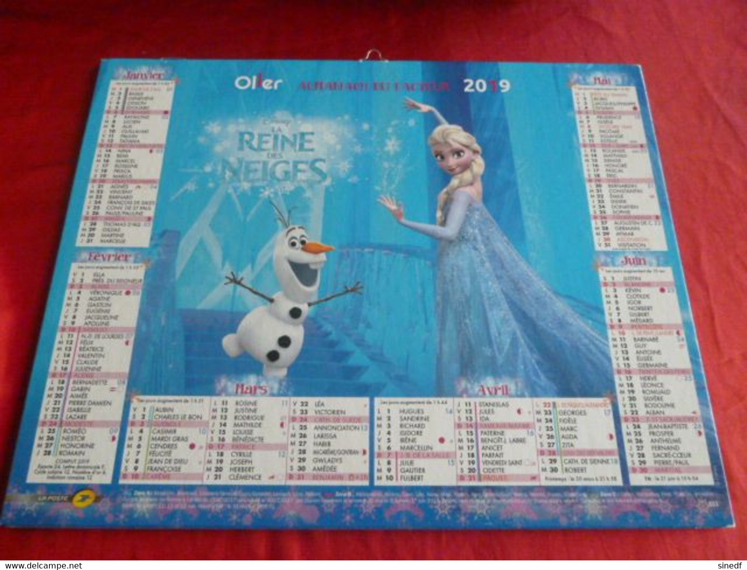 Calendrier Oller  2019 Almanach La Reine Des Neiges Disney Princesse Facteur Département Sarthe La Poste PTT - Grand Format : 2001-...