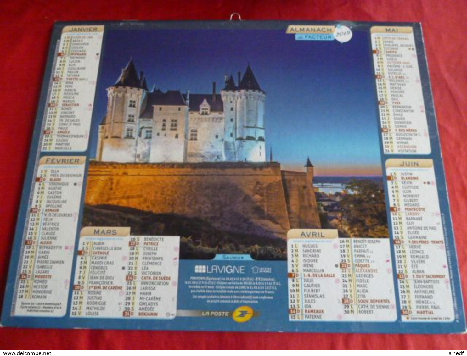Calendrier Lavigne  2019 Almanach Chateau SAUMUR CHAMBORD  Facteur Département Sarthe La Poste PTT - Grand Format : 2001-...