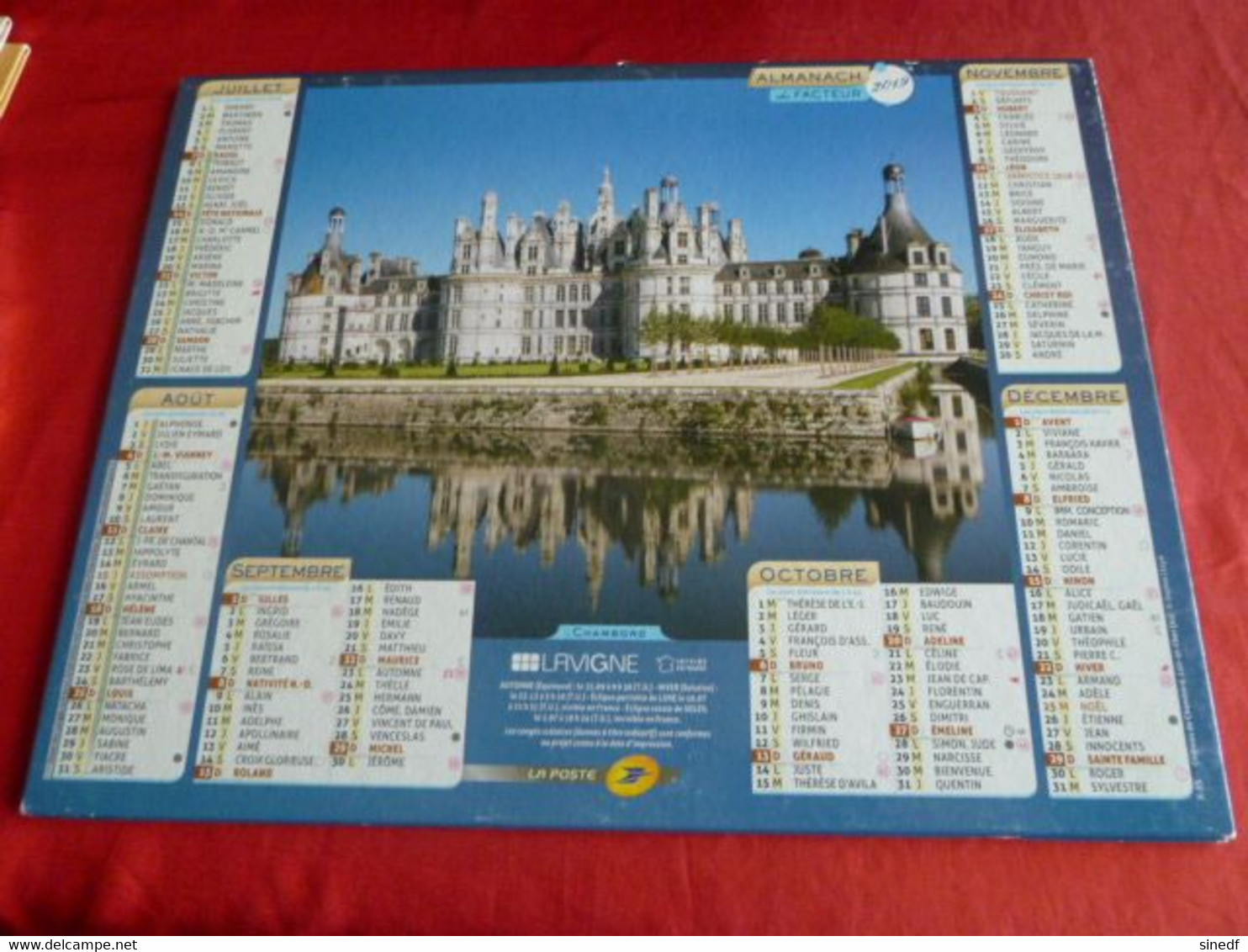 Calendrier Lavigne  2019 Almanach Chateau SAUMUR CHAMBORD  Facteur Département Sarthe La Poste PTT - Grand Format : 2001-...