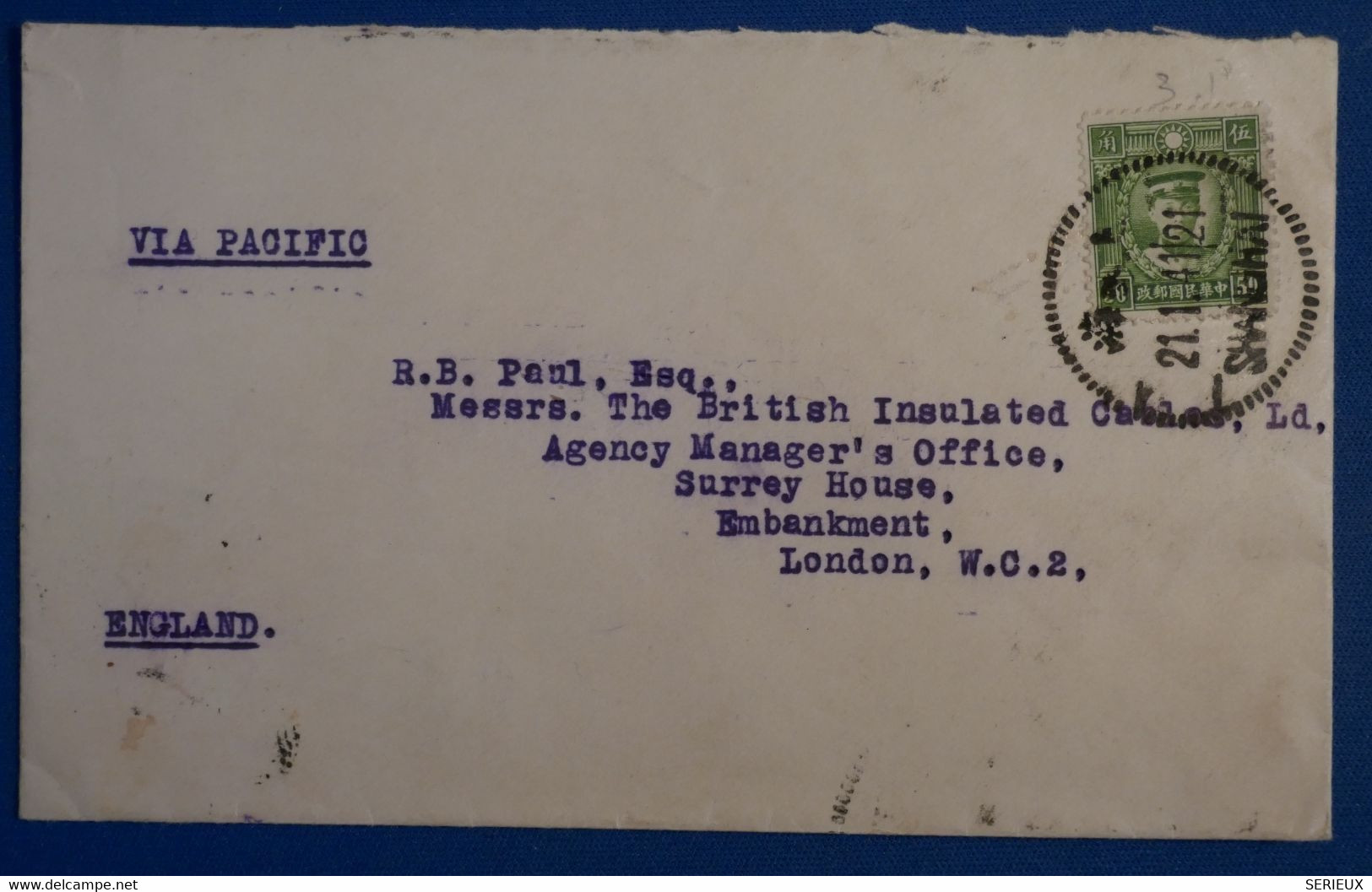 T25 CHINA BELLE LETTRE ASSEZ RARE 1941 SHANGHAI CHINE POUR LONDON ENGLAND VIA PACIFIC + AFFRANCH. PLAISANT - 1912-1949 Republic