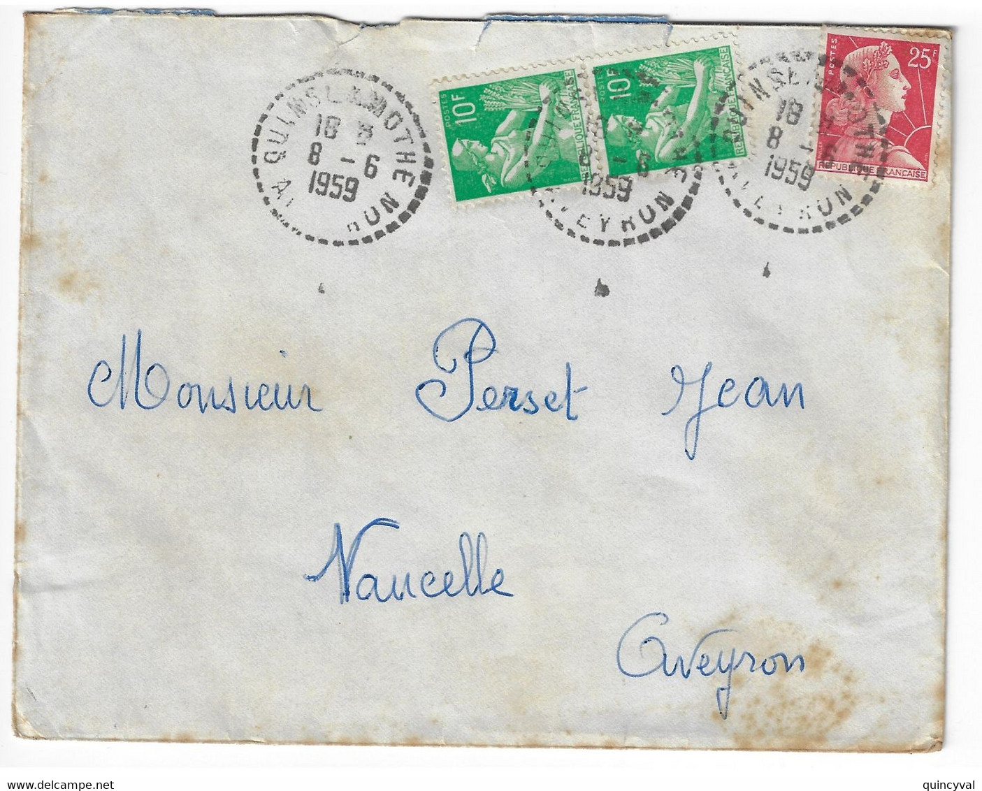 QUINS Aveyron Lettre 2° Ech Tarif 6 1 1959 45 F 25F Muller 10 F Moissonneuse Yv 1011C 1115A Ob Type Cercle Pointillé - Covers & Documents