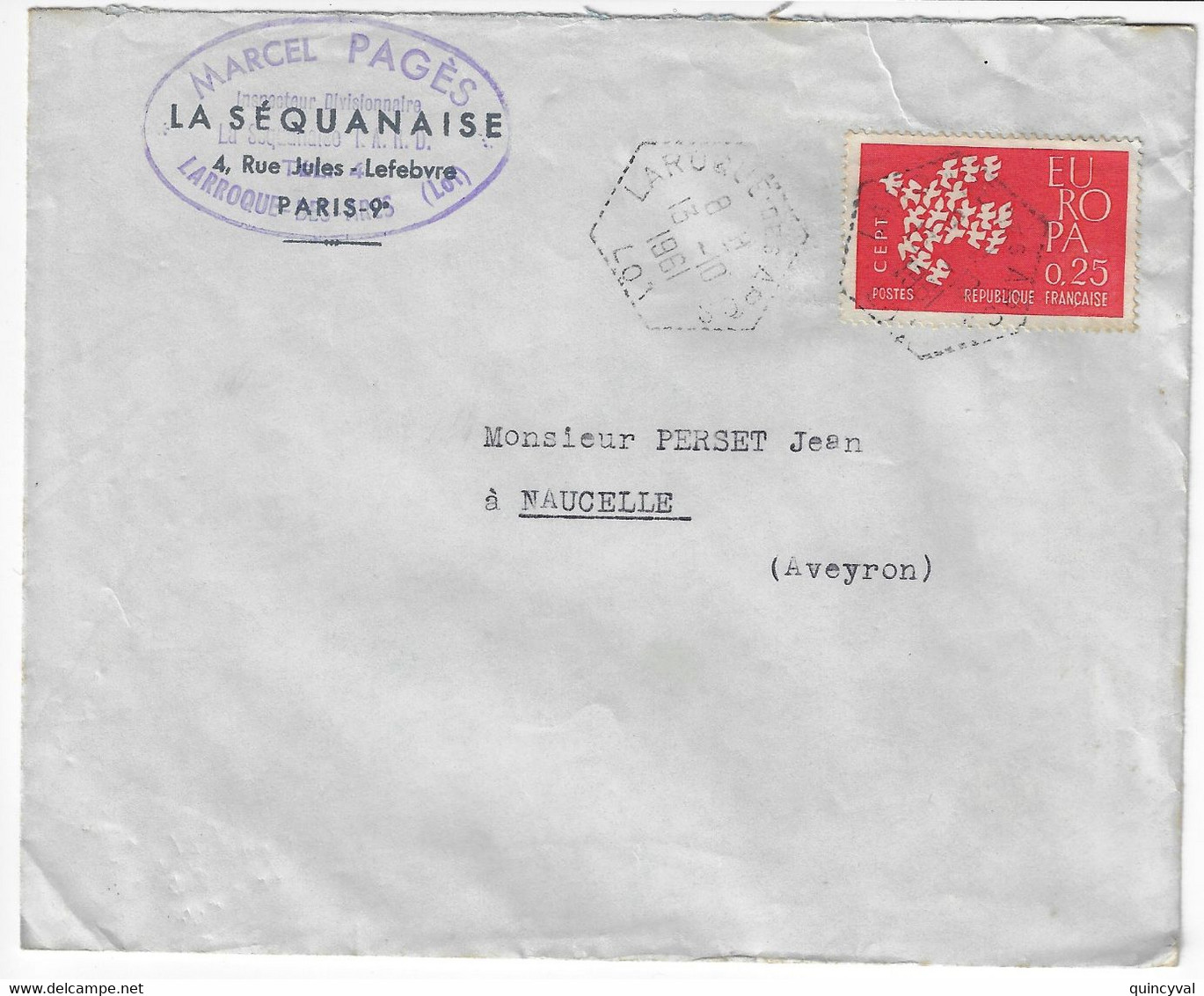 LARROQUE DES ARCS Lot Lettre Entête SEQUANAISE 25c Europa Yv 1309 Ob 13 10 1961 Agence Postale Hexagone Pointillé F7 - Storia Postale