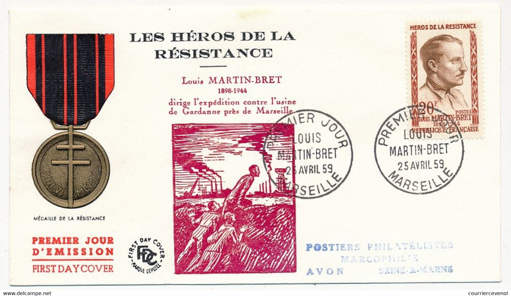 FRANCE - 5 Env. FDC - Héros De La Résistance - Martyrs Buffon, Le Roux, Médéric Védy, Martin Bret, Moutardier 25/4/1959 - 1950-1959