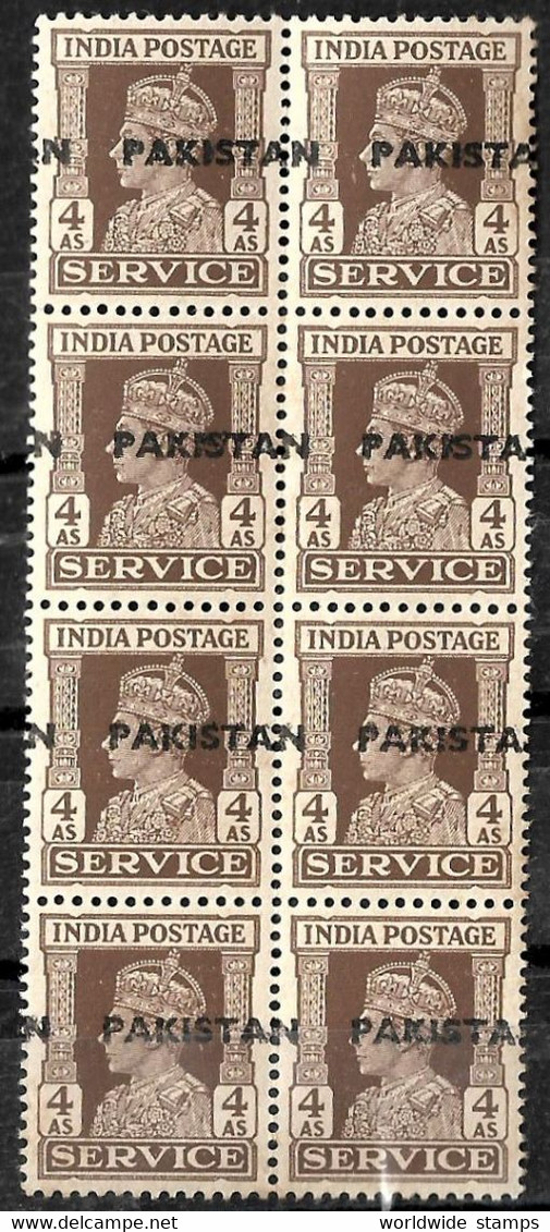 INDIA 1937 King George VI 4 As Overprinted Pakistan Block Of 8 MNH Hand Print Very Rare - Nuovi