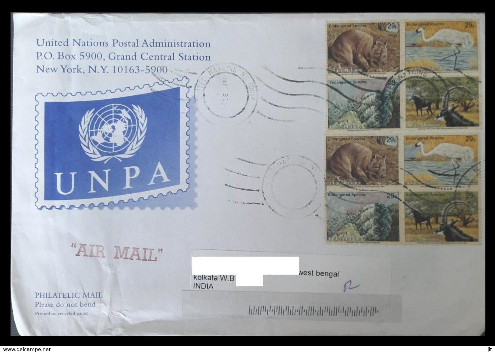 165.UNITED NATIONS 2008 USED  AIRMAIL COVER TO INDIA WITH STAMPS , ENDANGERED SPECIES, BIRDS, ANIMALS. - Covers & Documents