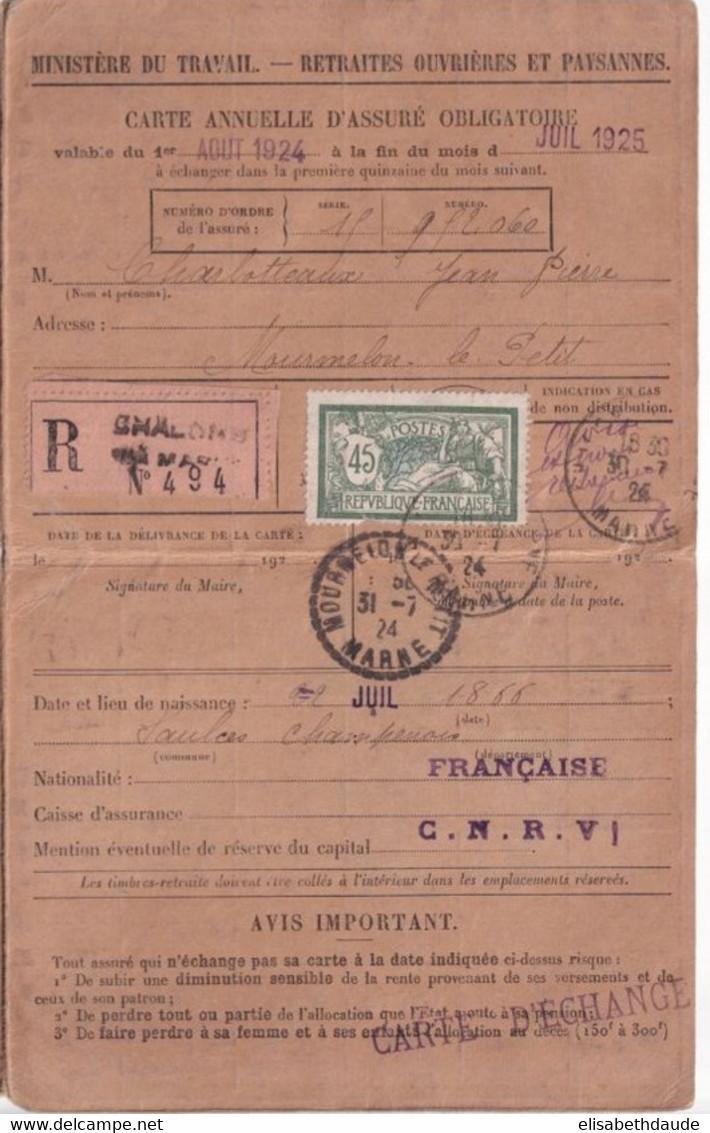 1924 - MERSON - YVERT N°143 RARE SEUL SUR CARTE RETRAITES OUVRIERES ET PAYSANNES RECOMMANDEE De CHALONS SUR MARNE - 1900-27 Merson