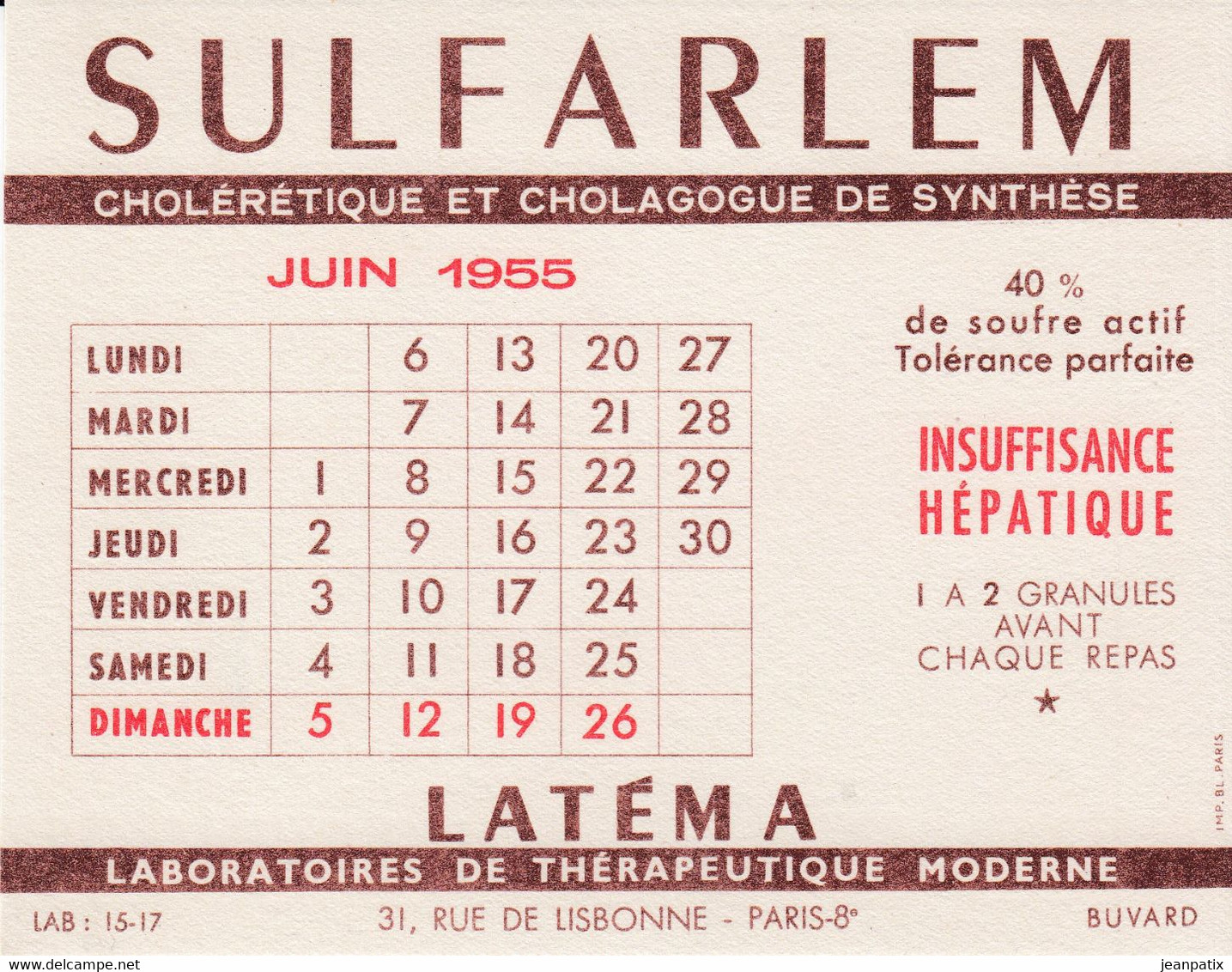 BUVARD & BLOTTER -  Pharmacie - SULFARLEM - Calendrier Juin 1955 - Produits Pharmaceutiques