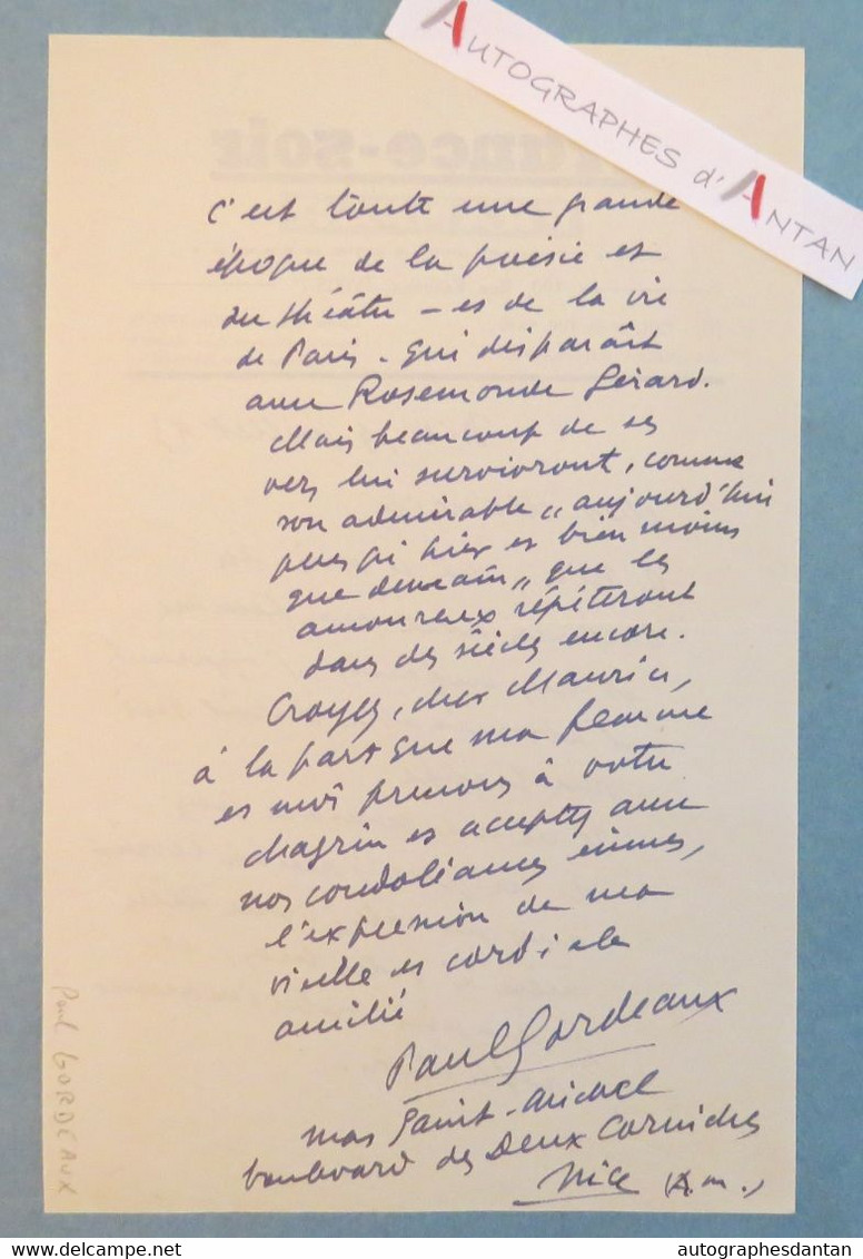 L.A.S 1953 Paul GORDEAUX Historien écrivain Humoriste - NICE - à Maurice ROSTAND Lettre Autographe France Soir Gordolon - Other & Unclassified