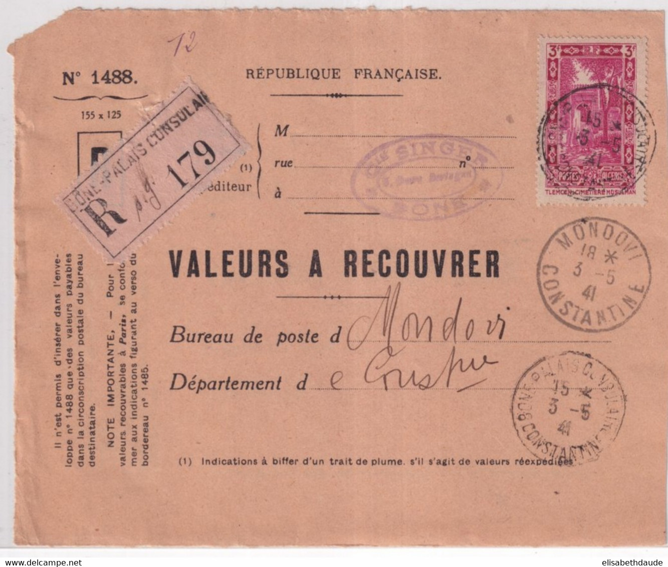 ALGERIE - 1941 - SEUL Sur DEVANT De LETTRE PTT VALEUR à RECOUVRER De BONE PALAIS CONSULAIRE (CACHET RARE !) => MONDOVI - Lettres & Documents