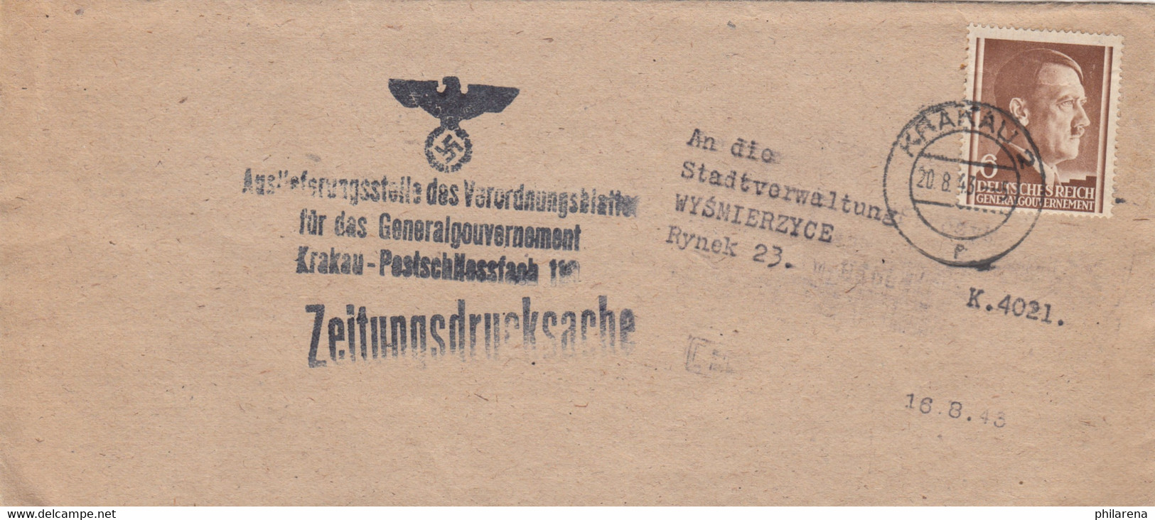 GG Zeitungsstreifband Verordnungsblatt Des GG Nach Wysmierzyce - Besetzungen 1938-45