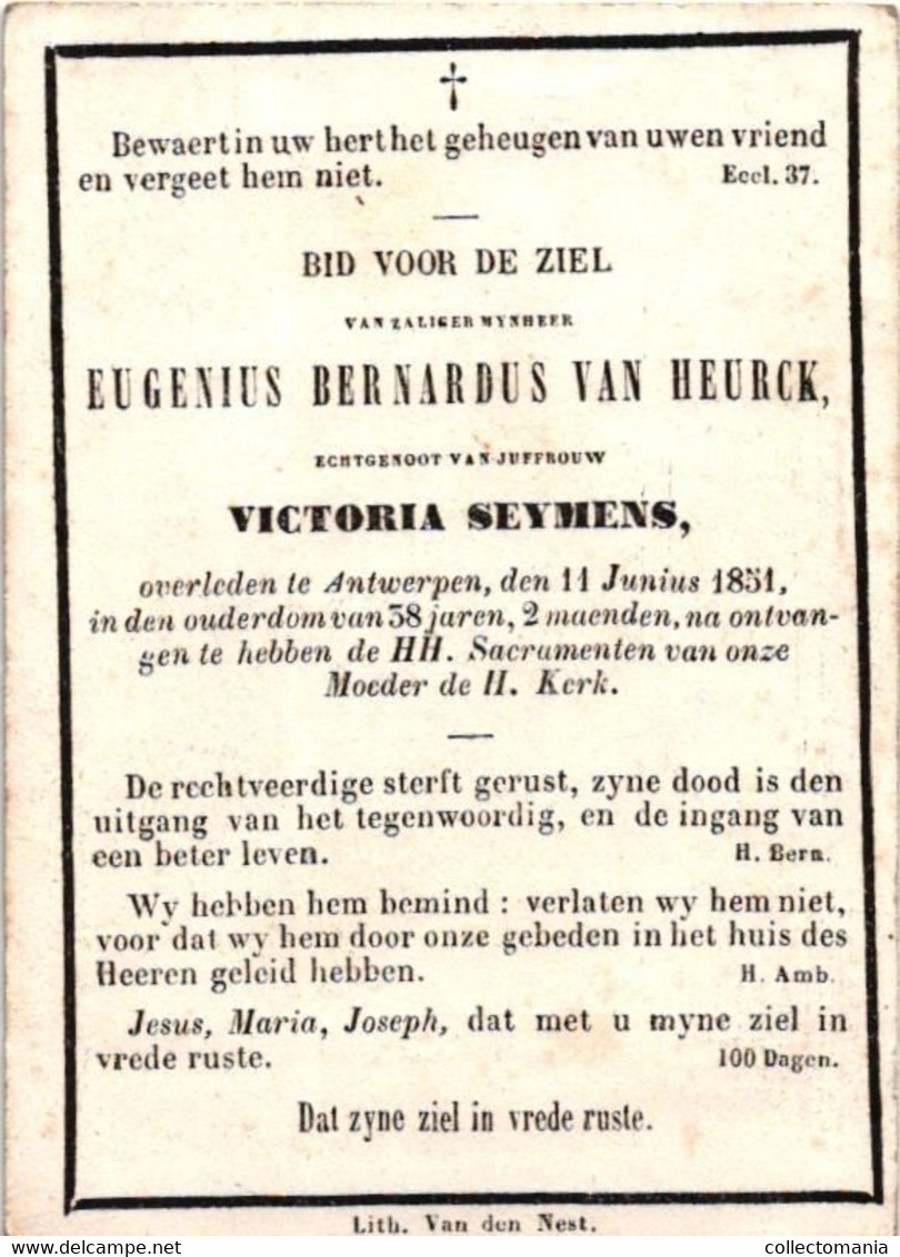 1 Litho Eugenius Bernardus Van Heurck  Echtgenoot V Victoria Seymens Overleden 1851   Lith Vande Nest Eglise De Berchem - Todesanzeige