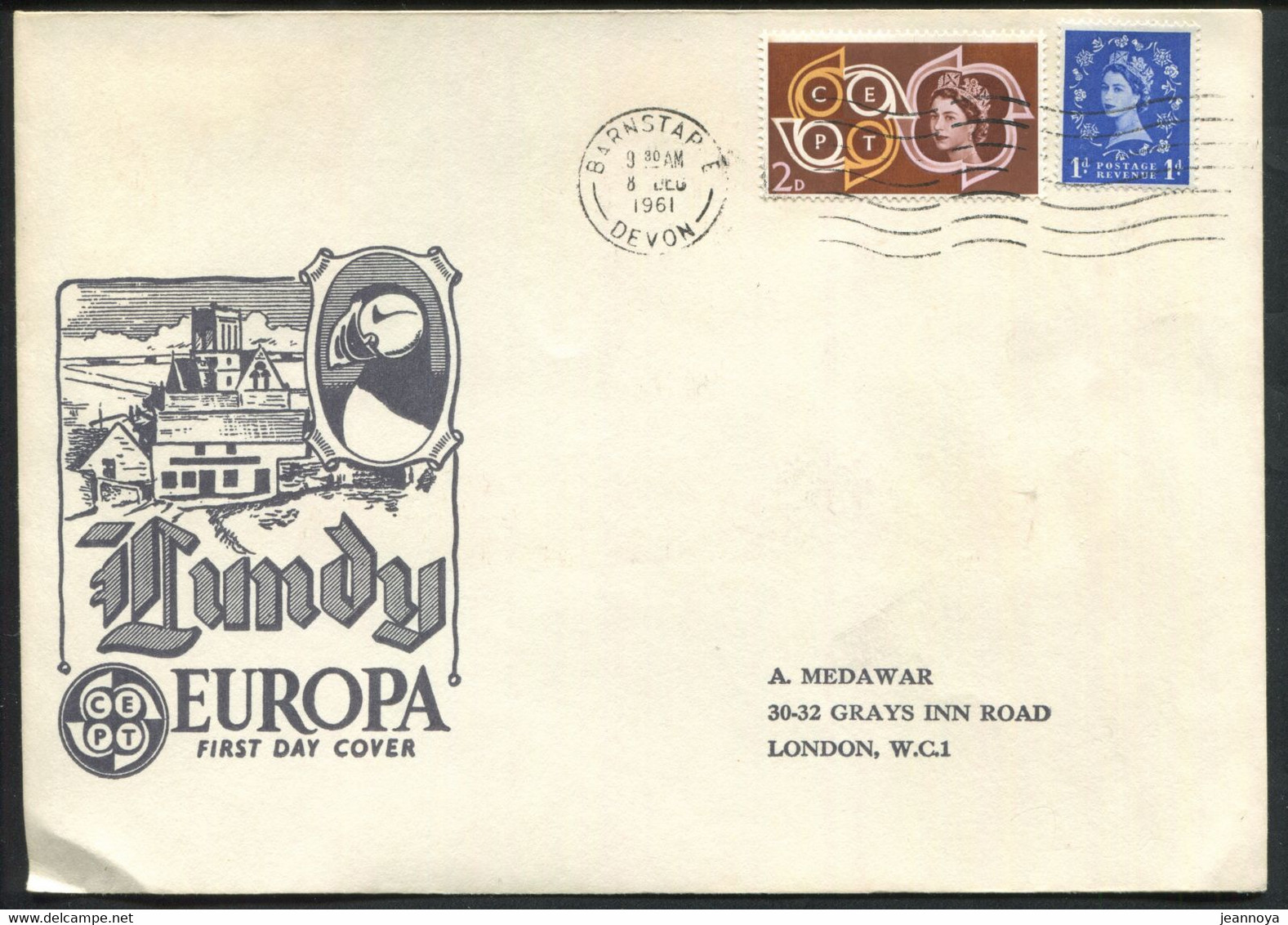 GRANDE BRETAGNE - N° 263 + 362 / LETTRE DE BARNSTAPLE LE 8/12/1961 AVEC SERIE DE LUNDY EUROPA 1961 - TB - Local Issues