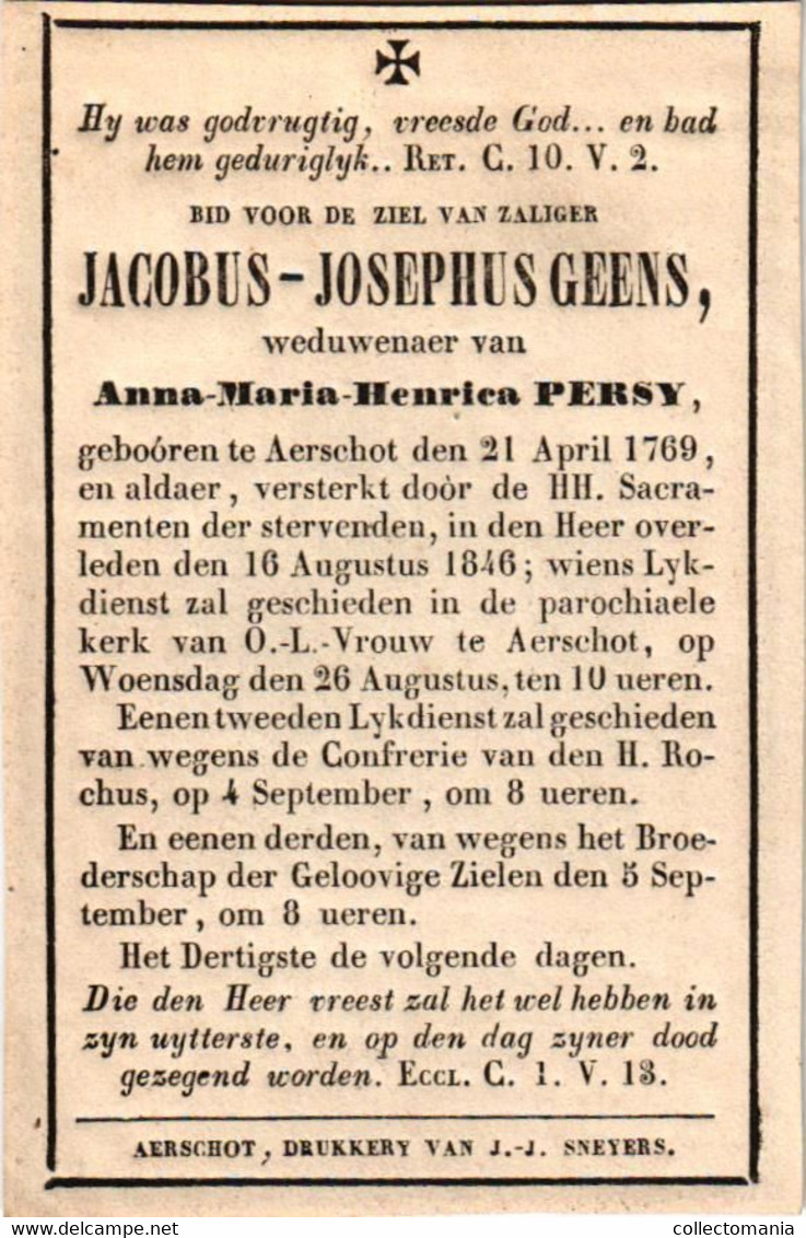 1 Litho Jacobus Josephus Geens Weduwenaer   Anna M H Persy  Aerschot 1769 Overleden 1846 Kerk O L Vrouw Te Aerschot - Décès