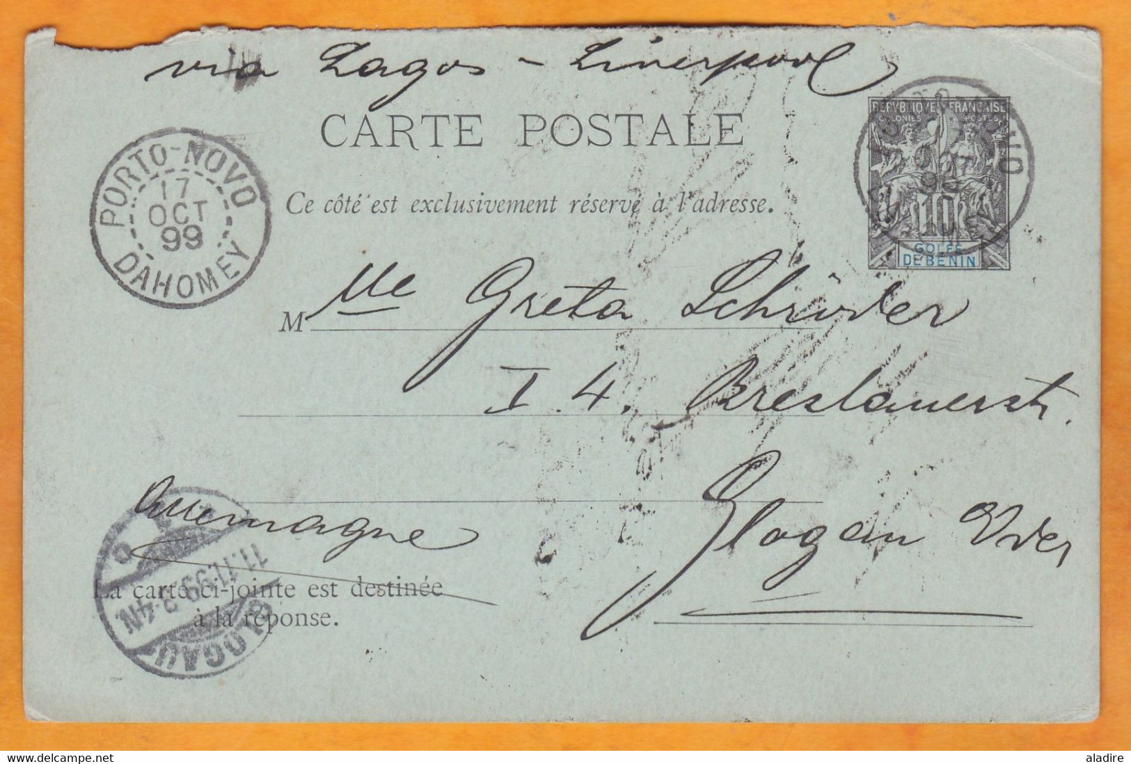 1899 - Entier Postal 10 C Sage De Porto Novo Vers Glogau Glogow Alors Silésie, Allemagne - Via Lagos - Liverpool Packet - Lettres & Documents