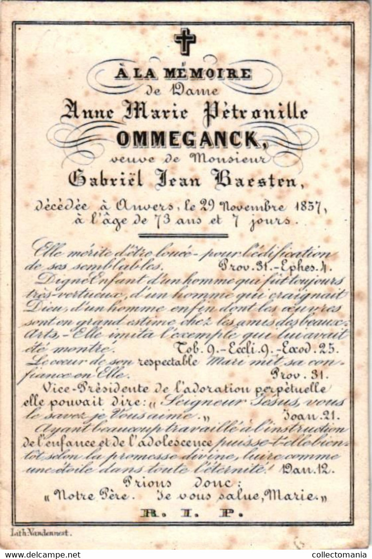1 Lith Anne Marie Pétronille Ommeganck Veuve De Mr Gabriël Baesten  Décédée 1857  Lith Vandennest Eglise St Willebrord - Obituary Notices