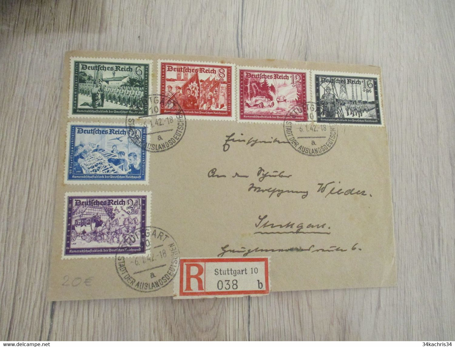 Allemagne Deutsche Reich Série 6 TP Sur Lettre Recommandé Stuttgart 10 1942 - Lettres & Documents