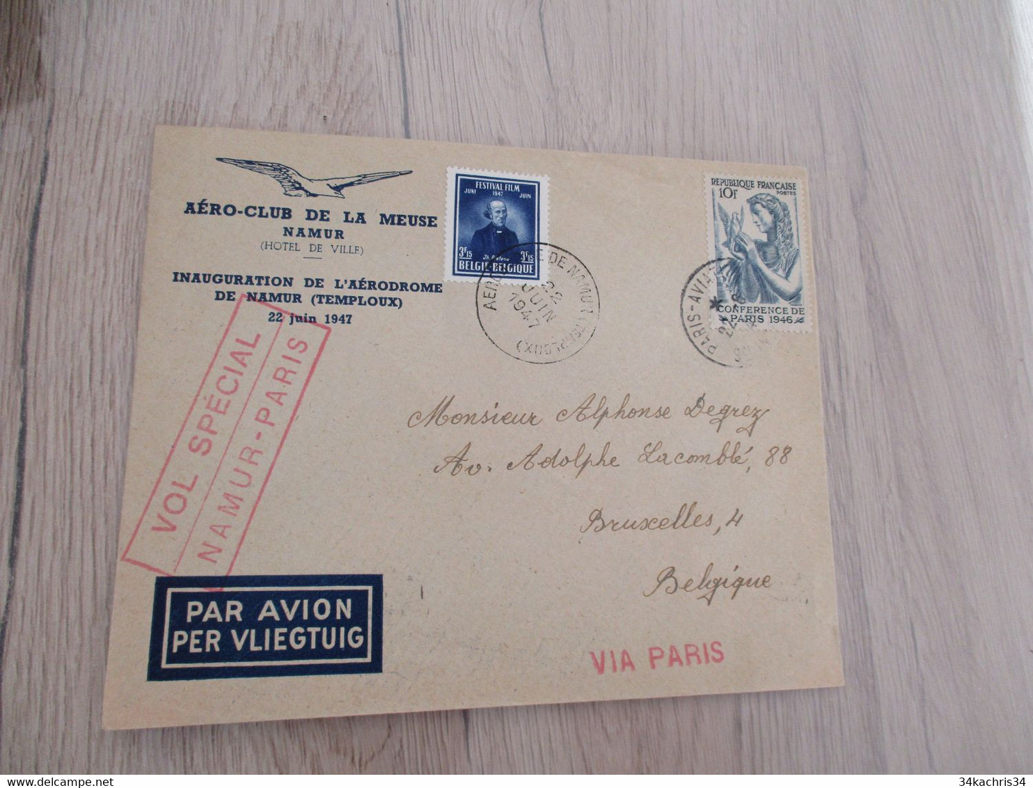 Belgie Belgique Aviation Affranchissement France Vols Spécial Namur Paris 1947 2 TP - Briefe U. Dokumente