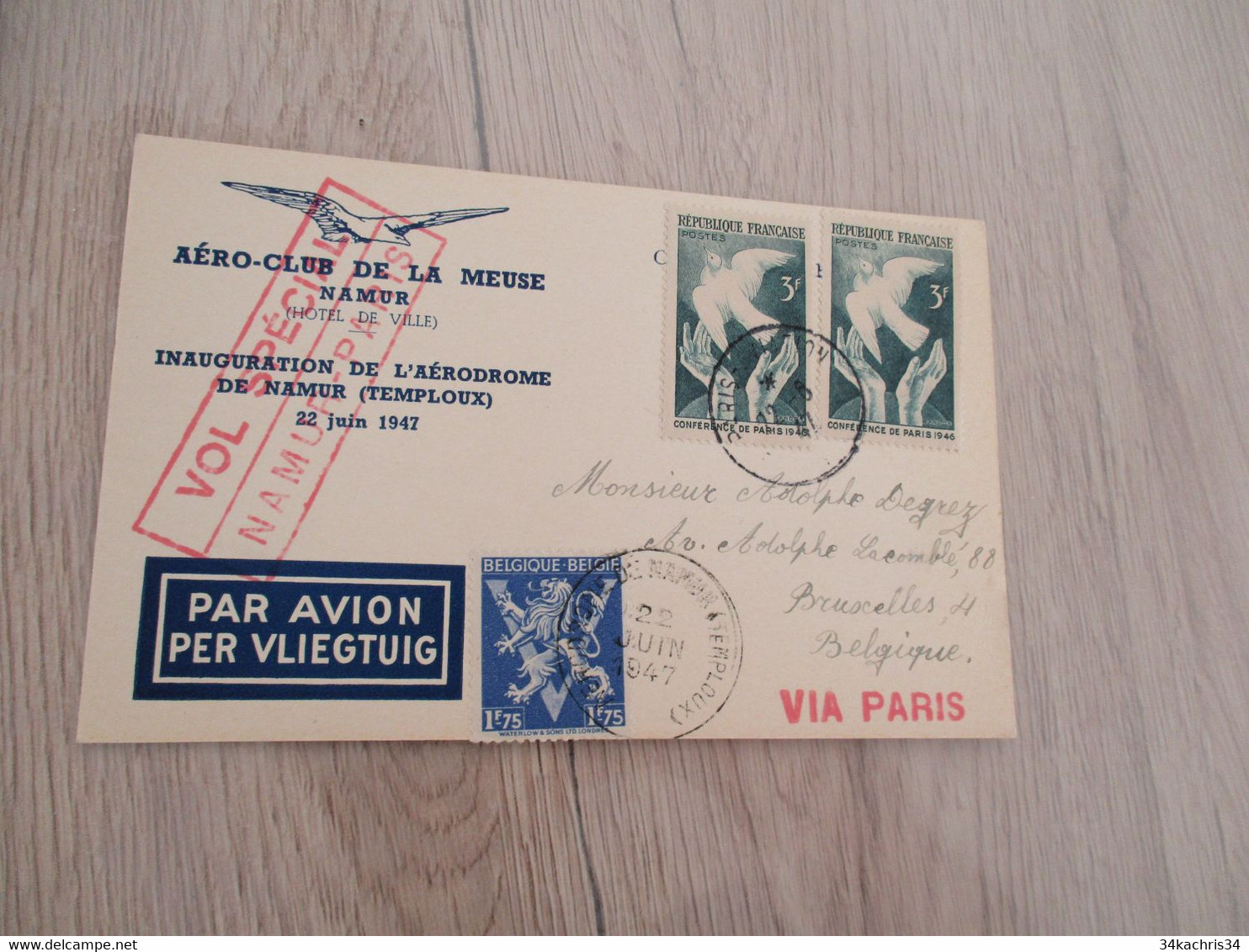 Belgie Belgique Aviation Affranchissement France Vols Spécial Namur Paris 1947 3 TP - Storia Postale
