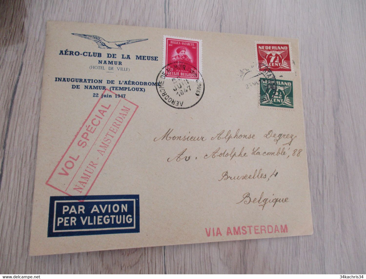 Belgie Belgique Aviation Affranchissement Pays Bas Vols Spécial Namur Amsterdam 1947 3 TP - Cartas & Documentos