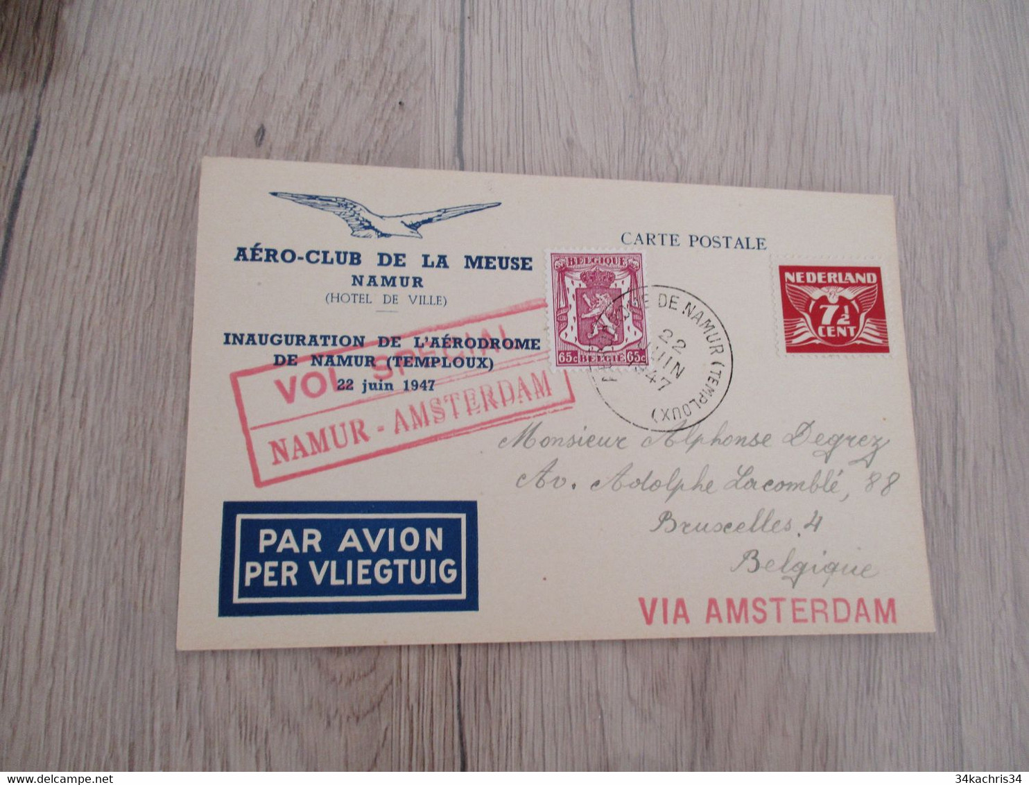 Belgie Belgique Aviation Affranchissement Pays Bas Vols Spécial Namur Amsterdam 1947 2 TP - Briefe U. Dokumente