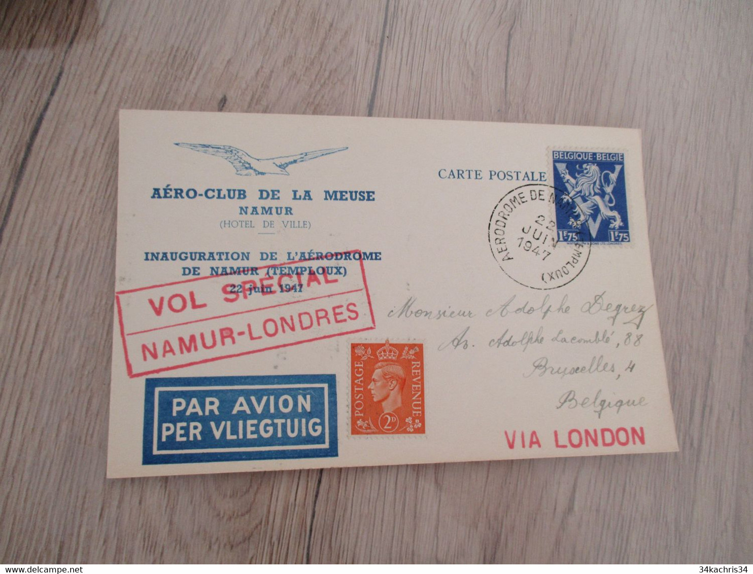 Belgie Belgique Aviation Affranchissement Grande Bretagne Vols Spécial Namur Londres 1947 2 TP - Brieven En Documenten